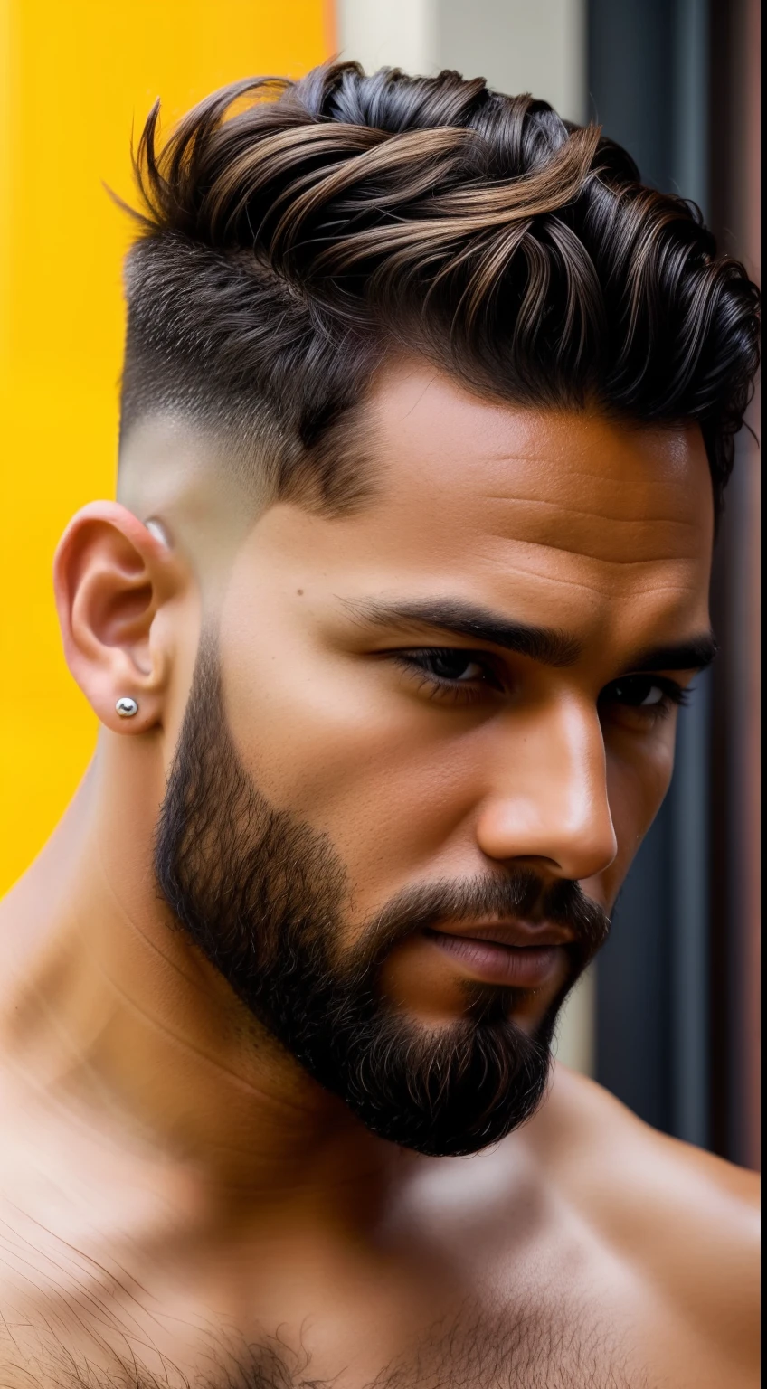 ((Kimbastian32)) High Quality Photo | face closeup | tanned man | 30 years | male gender | Brazilian nationality | serrated beard | black hair light highlights, undercut cut