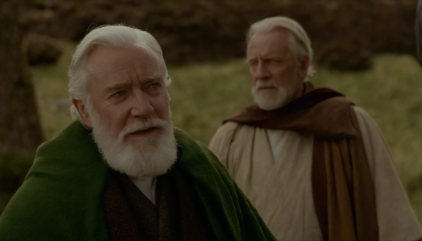 Araped man in green jacket with white hair and beard, Obi-Wan Kenobi, Old Jedi Master, Obi-Wan Kenobi, A still from the Ridley Scott film, Pendleton Ward, Anthony Hopkins, Short white beard, An elderly man, Joe Biden is Obi - Wan Kenobi, Movie Screencap, Ian McDiarmid, White-beard, Hide Your Pain Harold