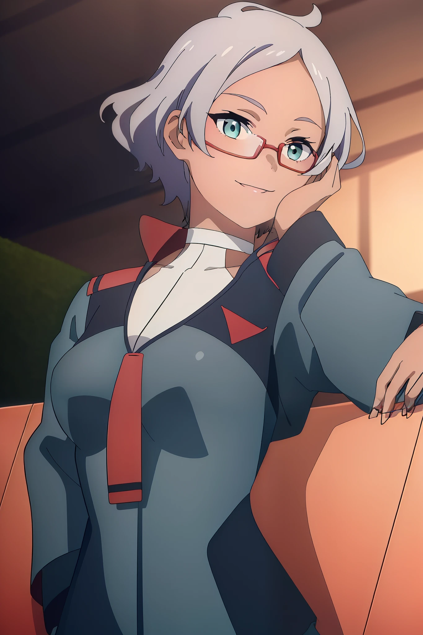 1girl, masterpice, high quality, best quality, good anime picture, misaki, ((school uniform)), ((serafuku)), glasses, twin braids, ((collar)), hair ornament, upper body, big breasts, dynamic light and shadows, smile, (adjusting eyewear:1.2), multicolor outfit, brown hair, nun, red uniform