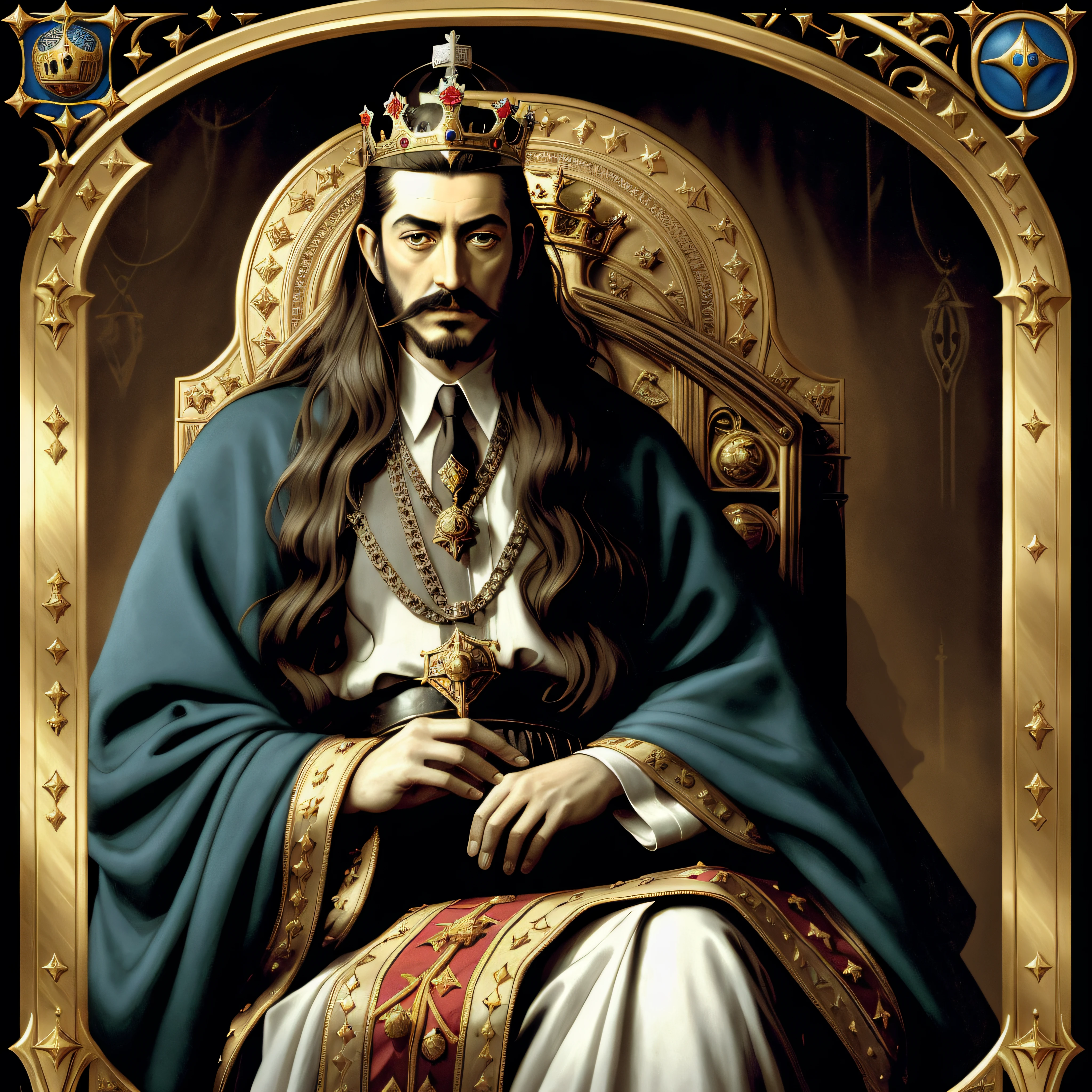 arafed image of a man Salvador Dali in a crown sitting on a throne, portrait of medieval old king, medieval old king, portrait of a medieval old king, great king of stovokor, portrait of emperor of mankind, richard iv the roman king photo, richard iv the roman king, portrait of a king, great emperor of russian empire, the god emperor of mankind