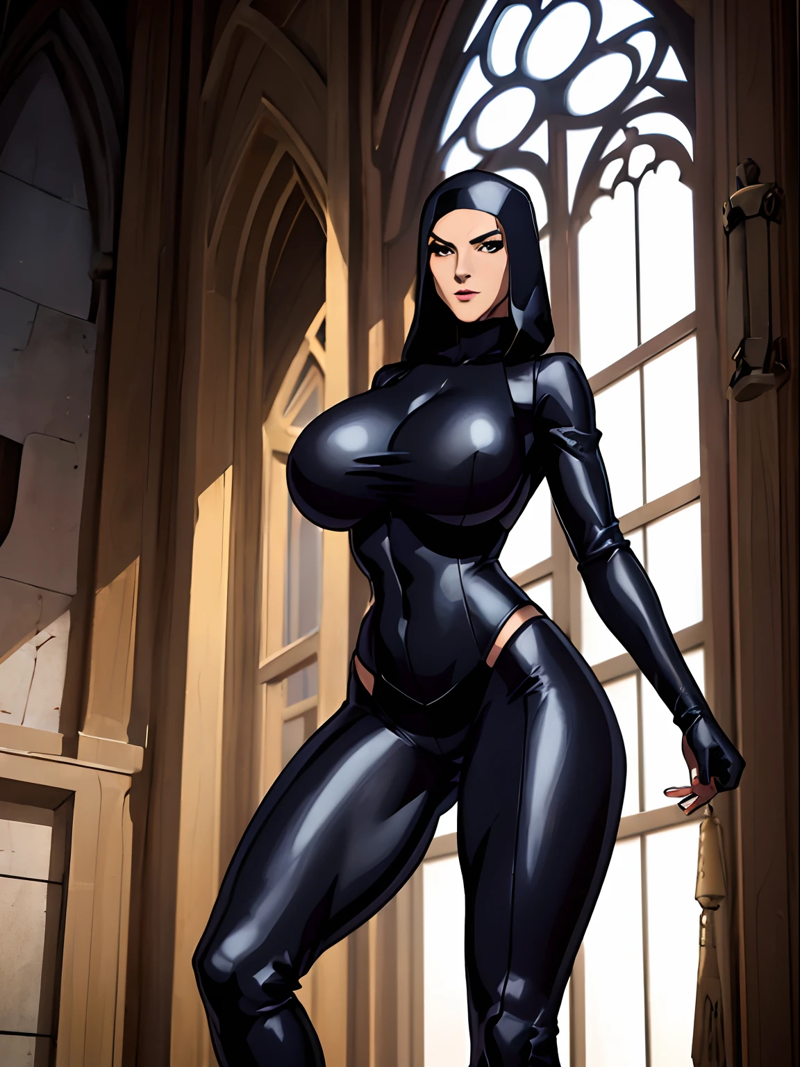 (masterpiece, top quality, best quality, official art, beautiful and aesthetic:1.2), (1girl:1.3), light freckles, fair skin, extremely detailed, portrait, looking at viewer, solo, (full body:0.6), detailed background, close up, (dark gothic theme:1.1), nun with guns, charlatan, smirk, mysterious, swaggering through cathedral, modest attire, black habit, cowl, nun hood, wimple, thigh-high boots, bodysuit, leotard, corset, leather straps, ammunition pouches, long boots, submachineguns, SMGs, MP5s, thigh pouches, holsters, garters, ((((narrow hips, slim sexy body, gigantic breasts)))), slim waist, slim hips, long legs, modern (cathedral exterior:1.1) background, dark mysterious lighting, shadows, magical atmosphere, dutch angle,