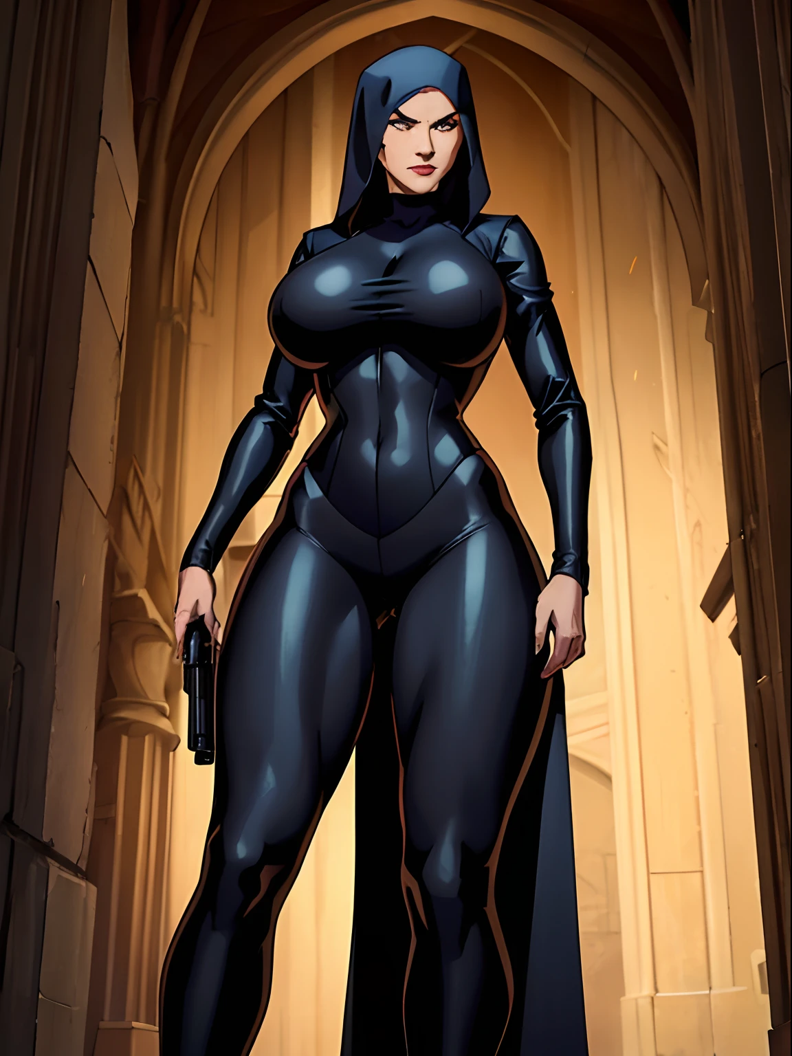 (masterpiece, top quality, best quality, official art, beautiful and aesthetic:1.2), (1girl:1.3), light freckles, fair skin, extremely detailed, portrait, looking at viewer, solo, (full body:0.6), detailed background, close up, (dark gothic theme:1.1), nun with guns, charlatan, smirk, mysterious, swaggering through cathedral, modest attire, black habit, cowl, nun hood, wimple, thigh-high boots, bodysuit, leotard, corset, leather straps, ammunition pouches, long boots, submachineguns, SMGs, MP5s, thigh pouches, holsters, garters, ((((narrow hips, slim sexy body, gigantic breasts)))), slim waist, slim hips, long legs, modern (cathedral exterior:1.1) background, dark mysterious lighting, shadows, magical atmosphere, dutch angle,