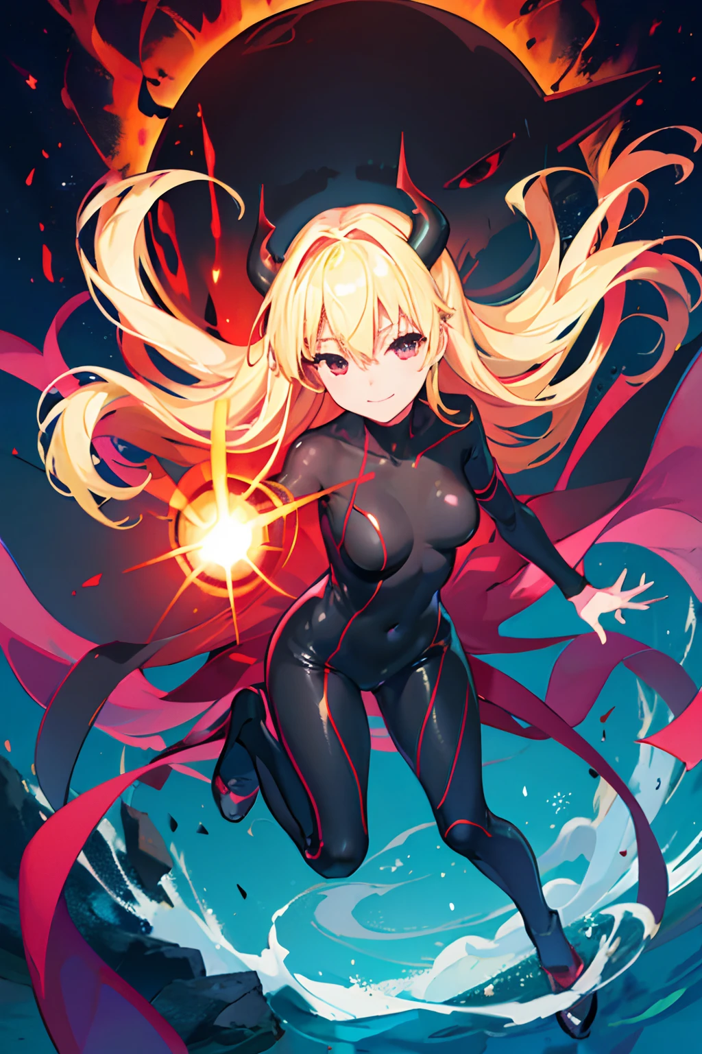 Carefully draw the face　5 year old girl　High-quality faces in anime style　a blond　Shiny black full body suit　Red lines all over the body　seductiv　a smile　succubus