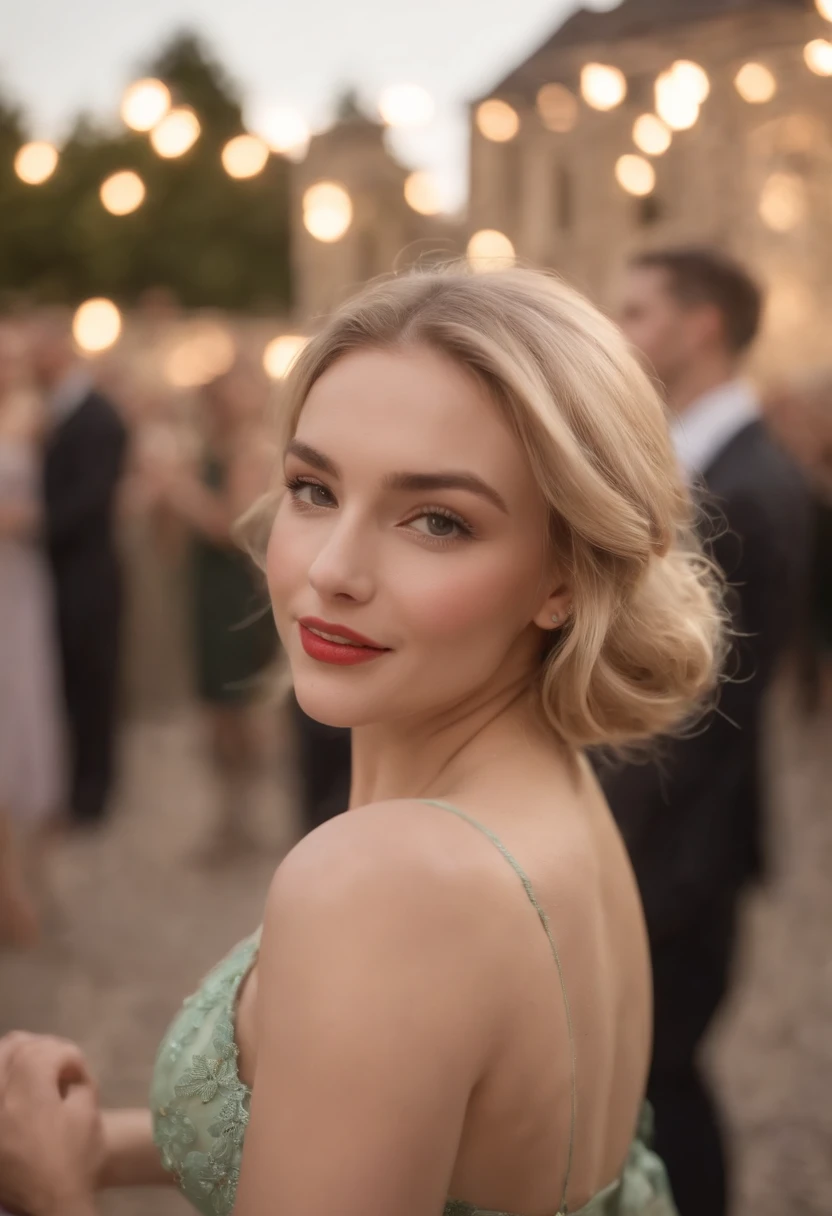 very beautiful woman, Blonde, 20 ans, very realistic, super quality, Evening wear, beau sourire, Fond clair rouge et vert, surrounded by people dancing , d'autres hommes qui dansent , d'autres femmes qui dansent, full body, tout le corps, Ultra detailded,