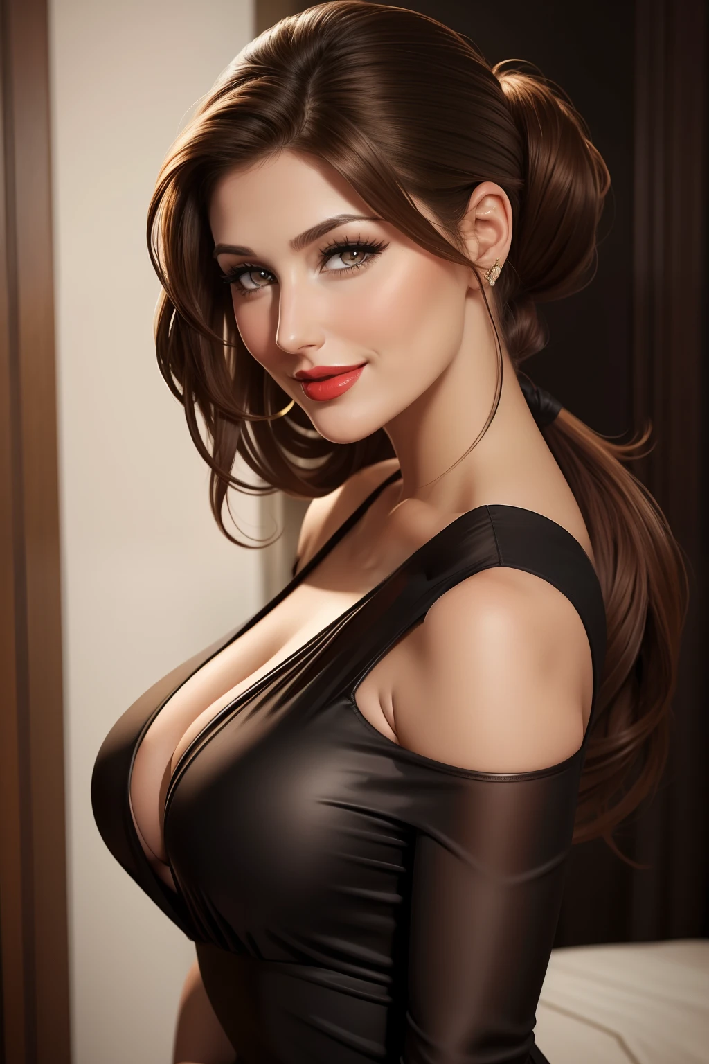 lucy pinder, face portrait, face, red lipstick, smiling, brown hair, straight hair, ponytail, one shoulder dress, black dress, adult woman