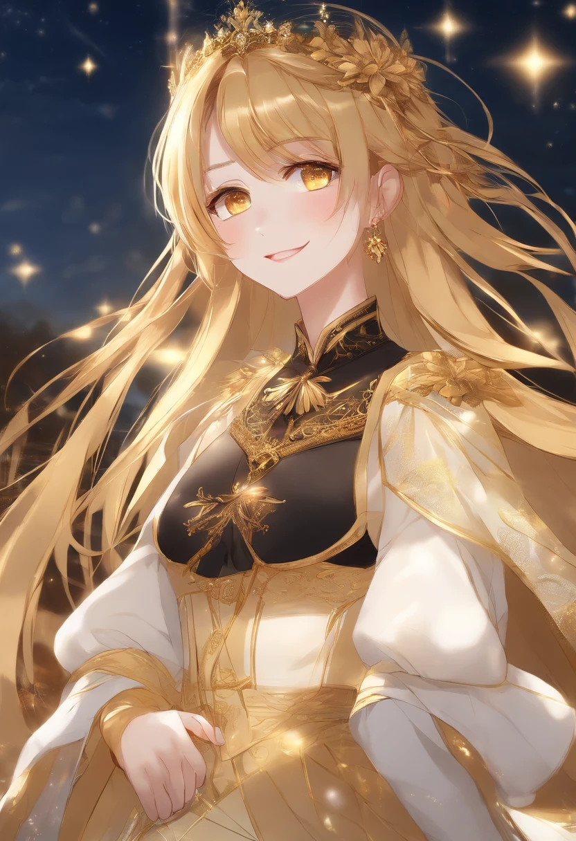 girl, Flowing golden blonde hair, Yellow eyes, Golden Imperial Costume, neckline, Anime, The background is a clear sky with twinkling lights, Dynamic Angle, Arrogant laughter