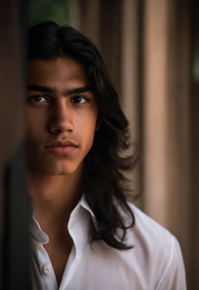 A mexican age boy with a long black mullet haircut, ((big lips)), and ((slanted eyes)), almond-shaped eyes, big lips, white dress shirt, long eyelashes, latin teen oval face.