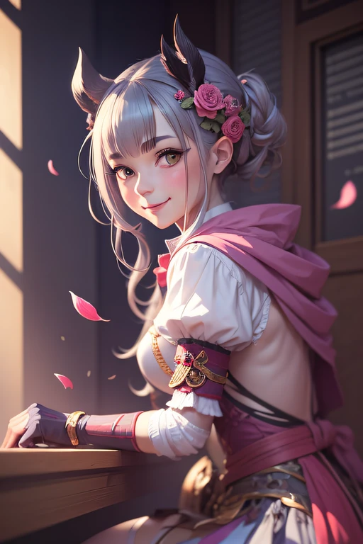Ascension3, FinalCostume, 1girl, solo, looking at viewer, smile, sitting, blush, petals