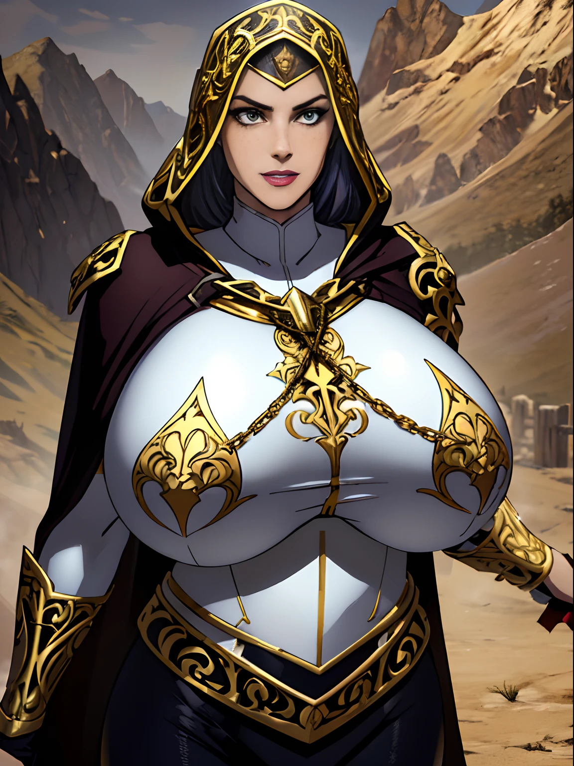 (masterpiece, top quality, best quality, official art, beautiful and aesthetic:1.2), (1girl:1.3), light freckles, fair skin, extremely detailed, portrait, looking at viewer, solo, (full body:0.6), detailed background, close up, (warm grasslands theme:1.1), holy paladin knight, charlatan, smirk, mysterious, swaying in mountains, modest attire, ((((ornate white and gold armor)))), cowl, nun hood, wimple, boob armor, cowl, robe, chain mail, chainmail, leggings, chainmail leggings, chain mail leggings, (breastplate), tabard, gorget, hood, pauldrons, greaves, armored, long boots, longsword, shield, cape, cloak, pearlescent metal, white fabric, pale leather, ((((gigantic breasts)))), slim waist, slim hips, long legs, medieval (mountain exterior:1.1) background, dark mysterious lighting, shadows, magical atmosphere, dutch angle,