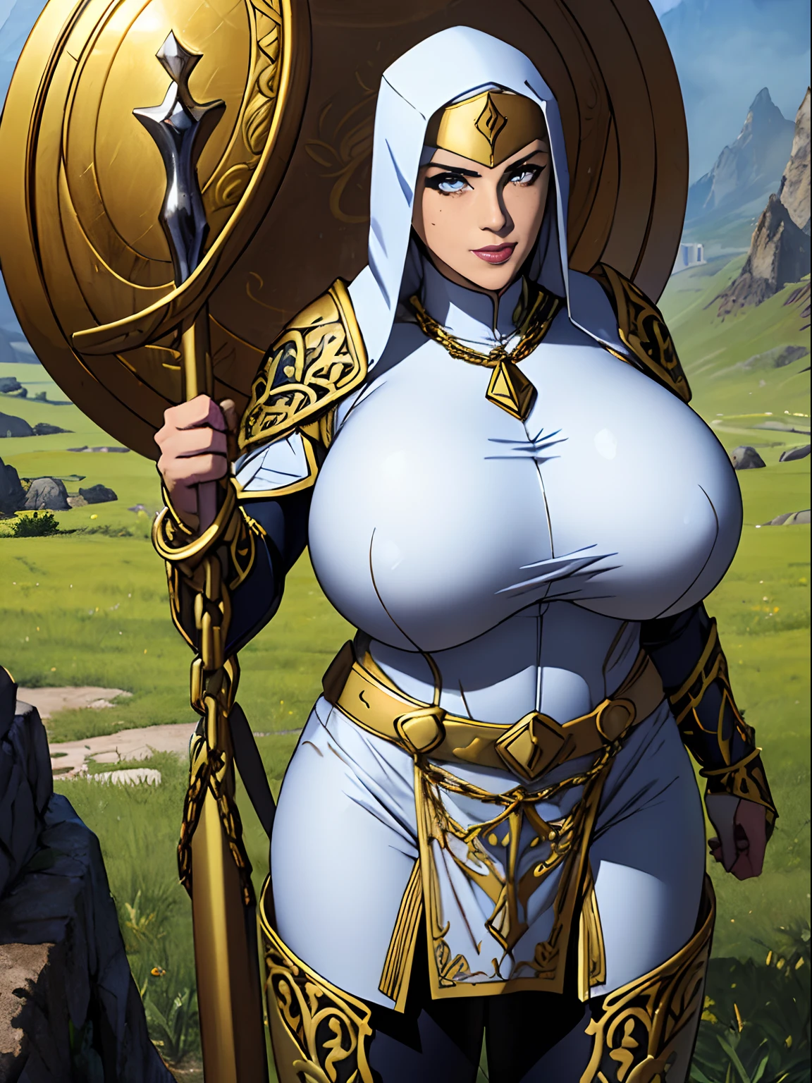 (masterpiece, top quality, best quality, official art, beautiful and aesthetic:1.2), (1girl:1.3), light freckles, fair skin, extremely detailed, portrait, looking at viewer, solo, (full body:0.6), detailed background, close up, (warm grasslands theme:1.1), holy paladin knight, charlatan, smirk, mysterious, swaying in mountains, modest attire, ((((ornate white and gold armor)))), cowl, nun hood, wimple, boob armor, cowl, robe, chain mail, chainmail, leggings, chainmail leggings, chain mail leggings, (breastplate), tabard, gorget, hood, pauldrons, greaves, armored, long boots, longsword, shield, cape, cloak, pearlescent metal, white fabric, pale leather, ((((gigantic breasts)))), slim waist, slim hips, long legs, medieval (mountain exterior:1.1) background, dark mysterious lighting, shadows, magical atmosphere, dutch angle,