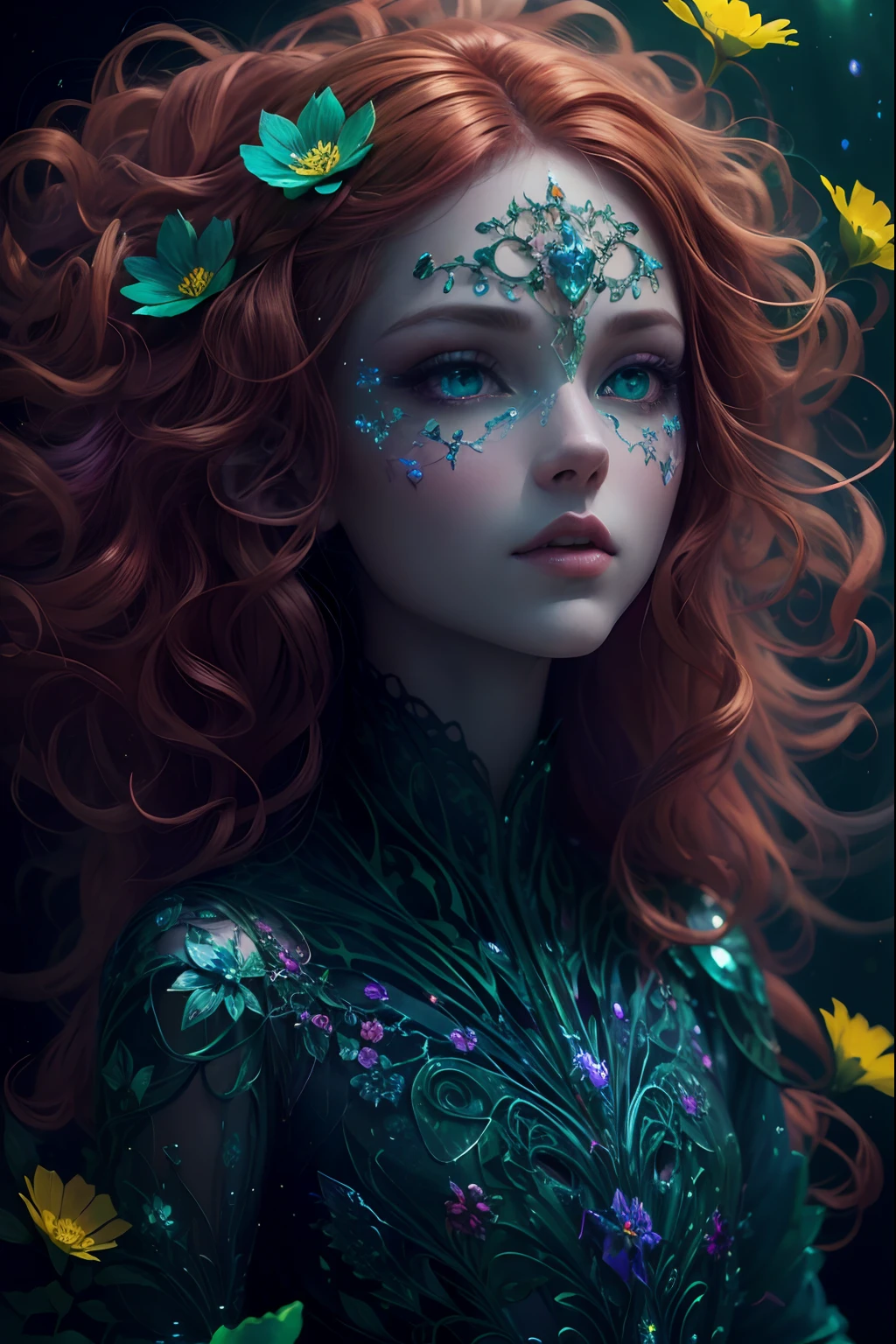 A beautiful princess, glass face and skin made of glass, ultra detailed face, (full body:1.3), surreal art, psychedelic art, flowers, holographic glow, art by Mschiffer, green eyes and ginger hair, motion effects, psychedelic motion effects, triadic colors