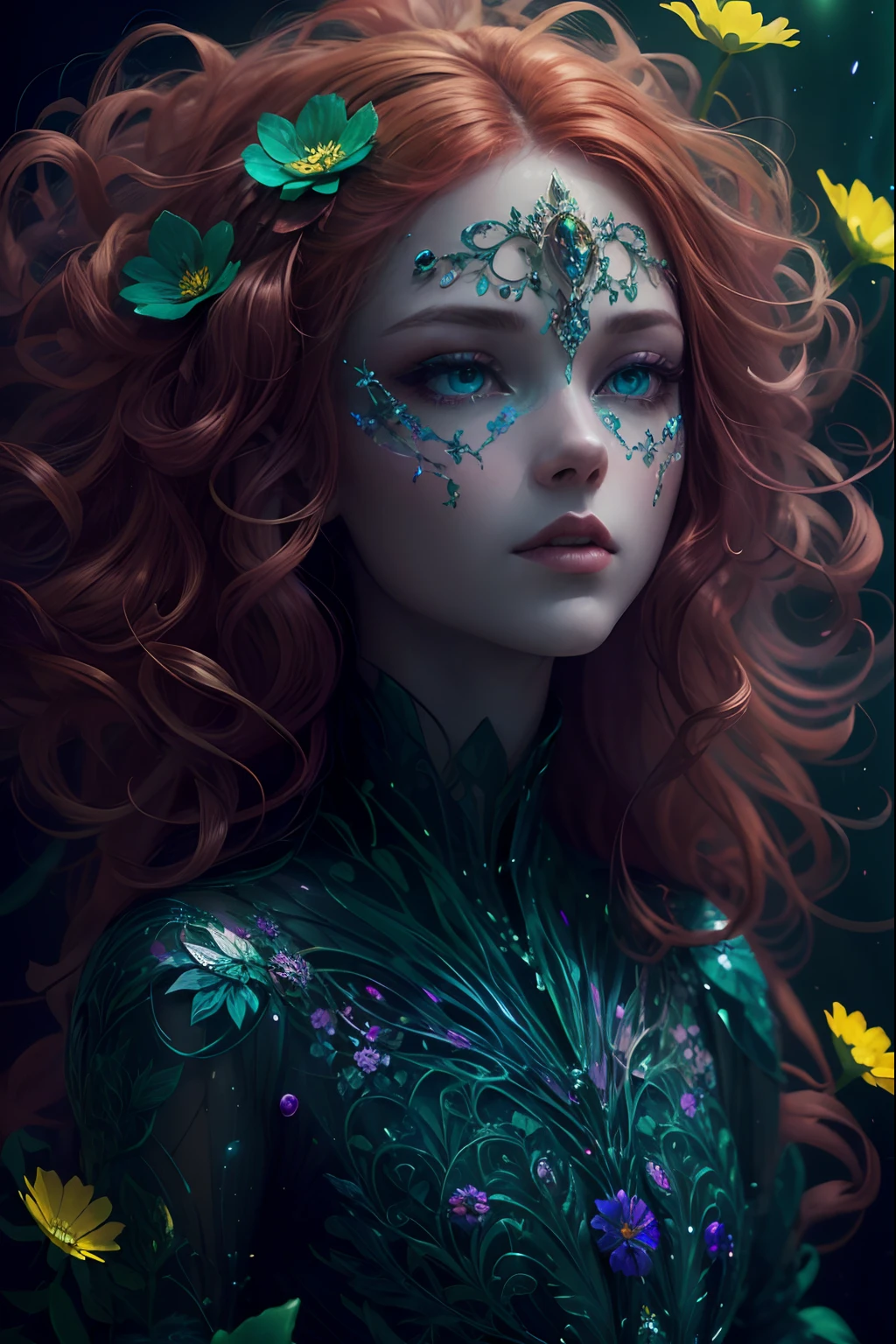 A beautiful princess, glass face and skin made of glass, ultra detailed face, (full body:1.3), surreal art, psychedelic art, flowers, holographic glow, art by Mschiffer, green eyes and ginger hair, motion effects, psychedelic motion effects, triadic colors