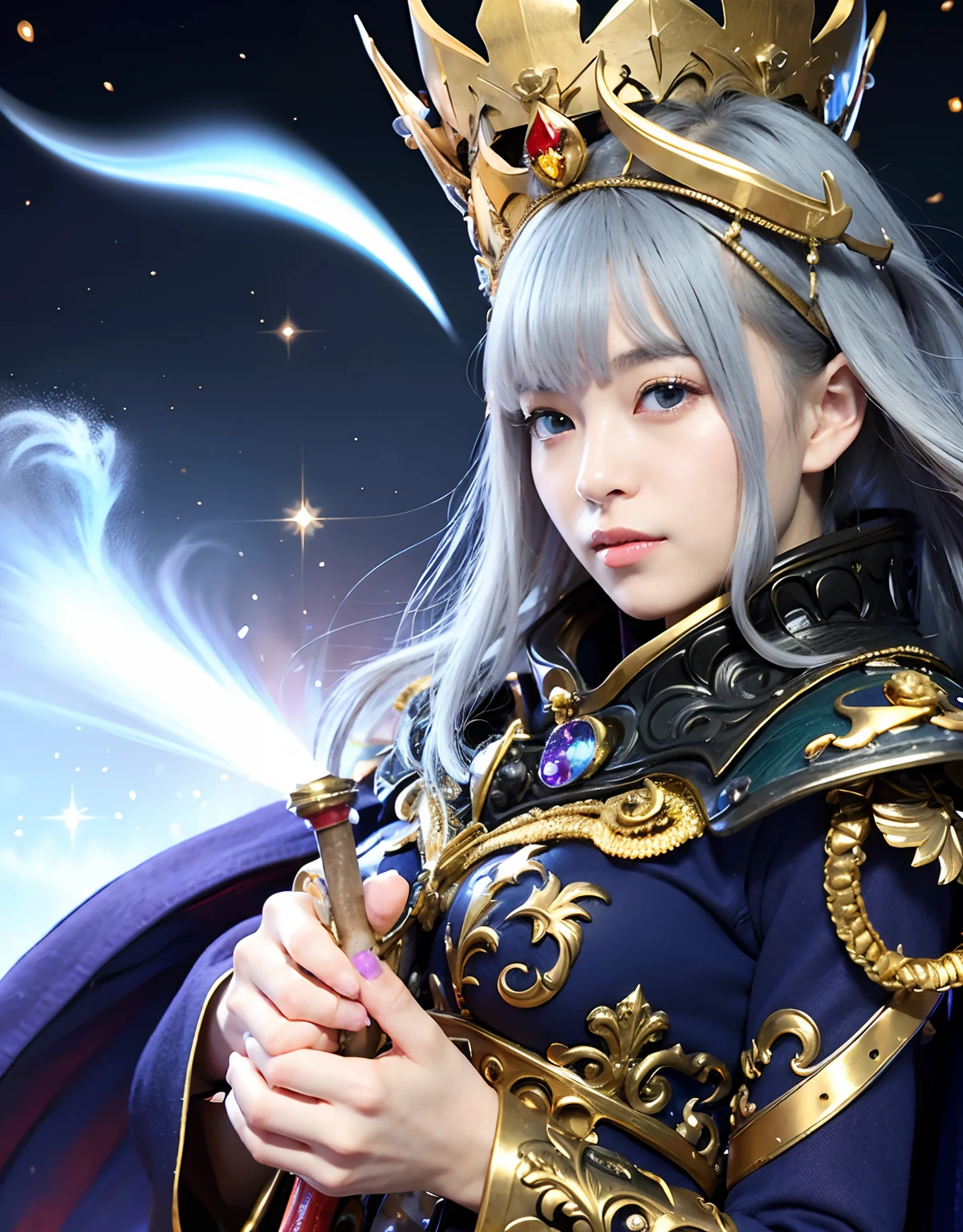 Professional , masterpiece、top-quality、photos realistic , 、top-quality、超A high resolution、(Photorealsitic:1.4)、Raw photo、depth of fields (Gemstone Gold Metal Body:1.9),(Matte White、Toostock、(cleavage of the breast)、(Detailed Dragon Armor)、(Have the strongest weapon)、((Random Hairstyles 1.6),Dark Fantasy,)explosions、intense fighting、(Precipitous cliffs),Dragon Gold Weapon,Mystical expression、Particles of light、Fight dragons、(Detailed Dragon Helmet),Gorgeous Silver Weapons ,(( Dragon's dense and gorgeous sword)) , Beautiful knife ,warhammer 40k ,Detail and gorgeous crown、((Blue hair))、(Castle background)、、((Gangle's forest background))、Beautiful Caucasian beauty、1a person、dynamic ungle,(((Detailed and ornate Black Devil Crown)))、Smaller head、A smile、Castle background、Thin and beautiful female hands、cleavage of the breast、Soldier in iron armor on background、Mystical expression、Light Effects、intense fighting、Wind-effect、magic circles、With the legendary magic wand、(demonic wings)、Toostock、