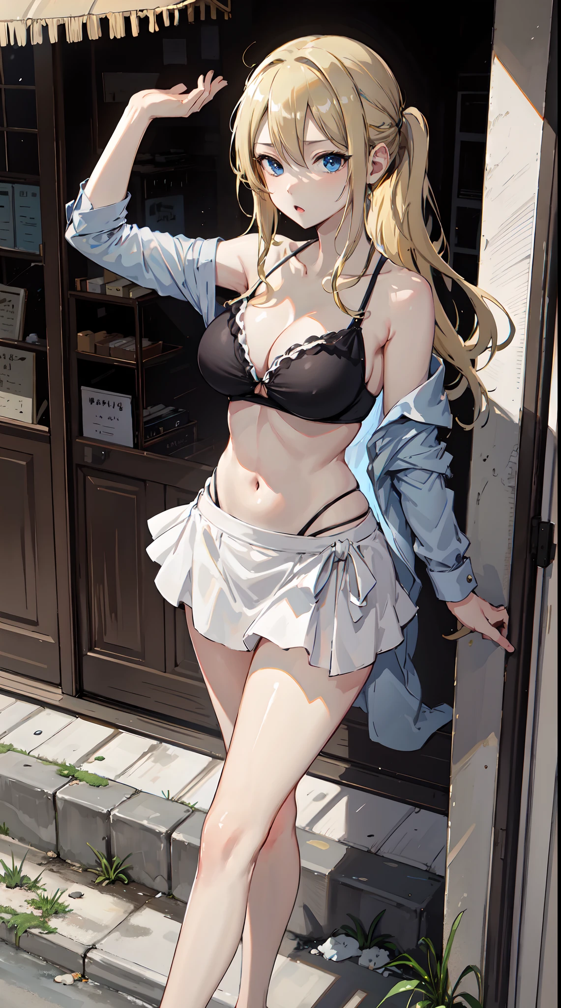 Hayasaka ai, high resolution, soft light, blue eyes, blonde hair, long hair, shoulder less, slim legs, navel, side tie bikini short skirt, cleavage, medium breast