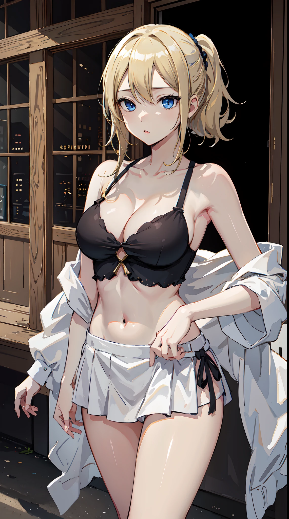 Hayasaka ai, high resolution, soft light, blue eyes, blonde hair, long hair, shoulder less, slim legs, navel, side tie bikini short skirt, cleavage, medium breast