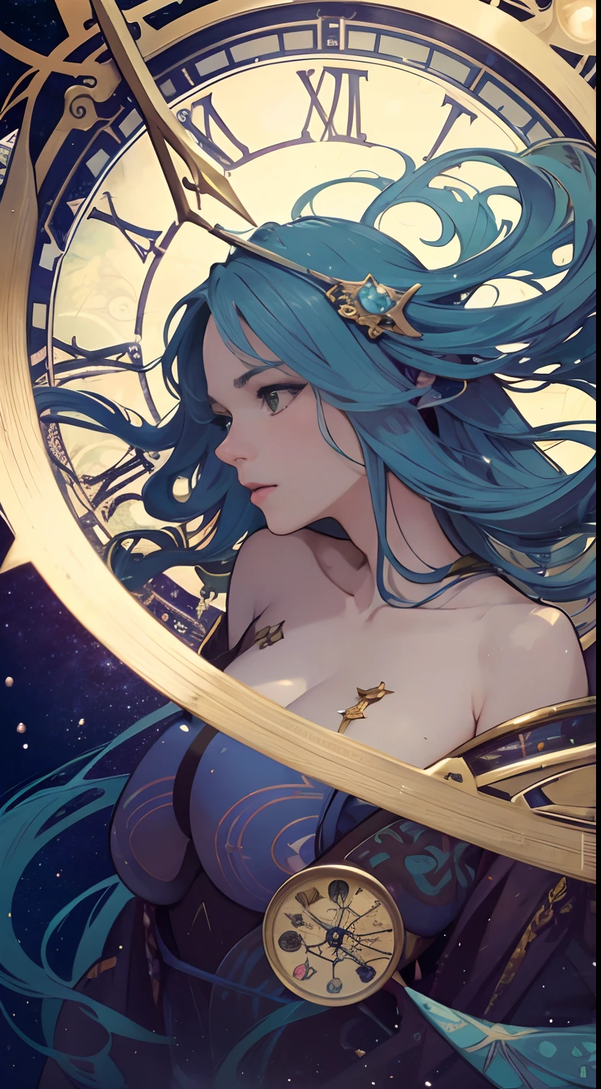 Helen nyce, Dali, Alphonse Mucha, Japanese Anime, Surreal Mysterious Weird Fantastic Sci-Fi Fantasy, Beautiful Girl, Perfect Body, Falling Moon, clock, Star Sleeping Under the Sea, detailed masterpiece, high resolution definition quality, depth of field, cinematic lighting very huge tits very close up
