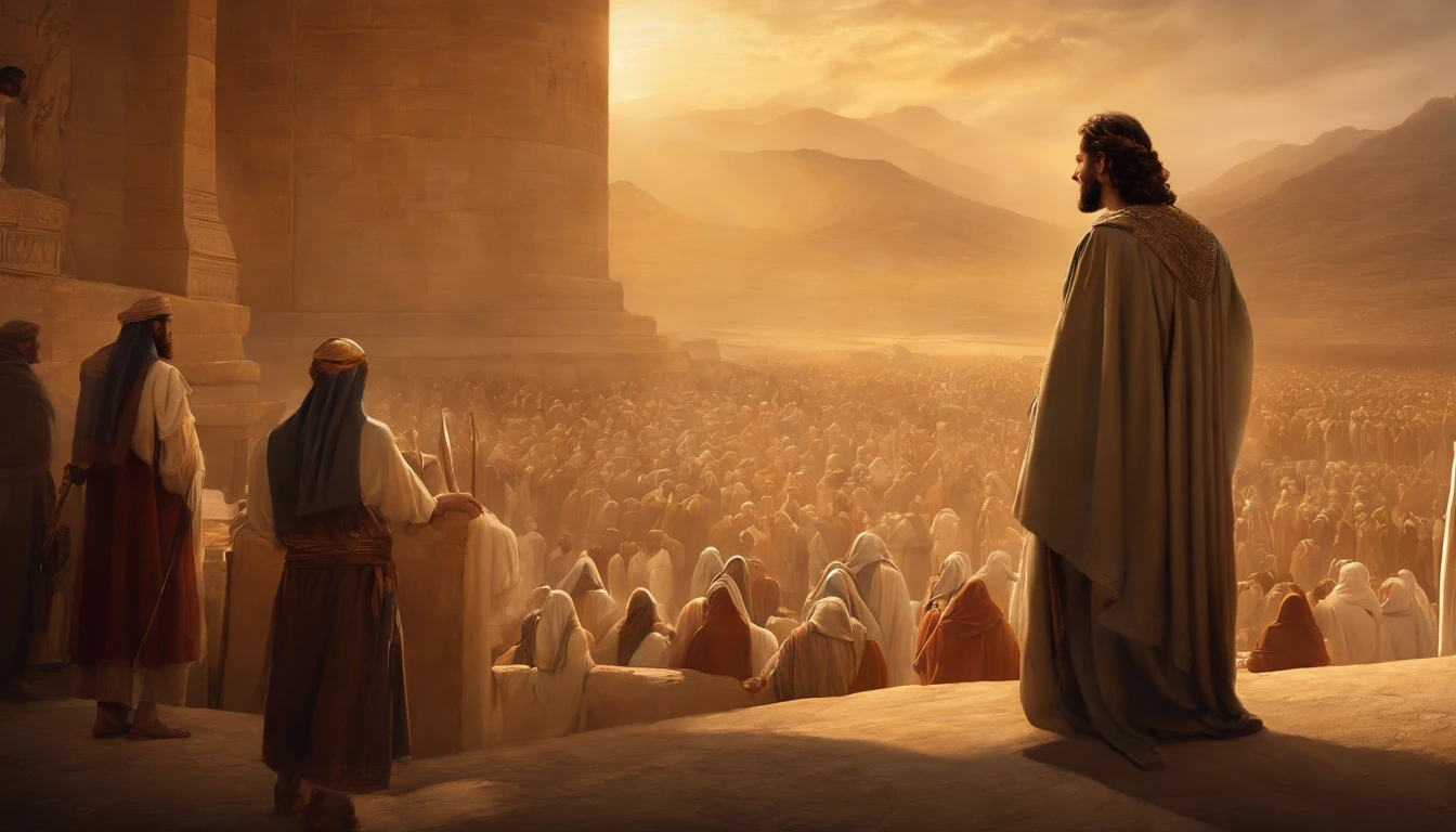 Jeremiah calls the Israelites to repentance, The Cry of the Prophet,Gatherings with large numbers of people, papyrus,Weathered parchment,Old gowns,,History reference,High-quality artwork and details,Realistic portrait style,Subtle color palette,vibrant background,natural textures,Deep Shadows,Subtle highlights,Historical accuracy,meticulous attention to detail,Emotional depth and intensity,Authentic Representation,Thought-provoking,Spiritual atmosphere,A Sense of Ancient Wisdom,Profound impact