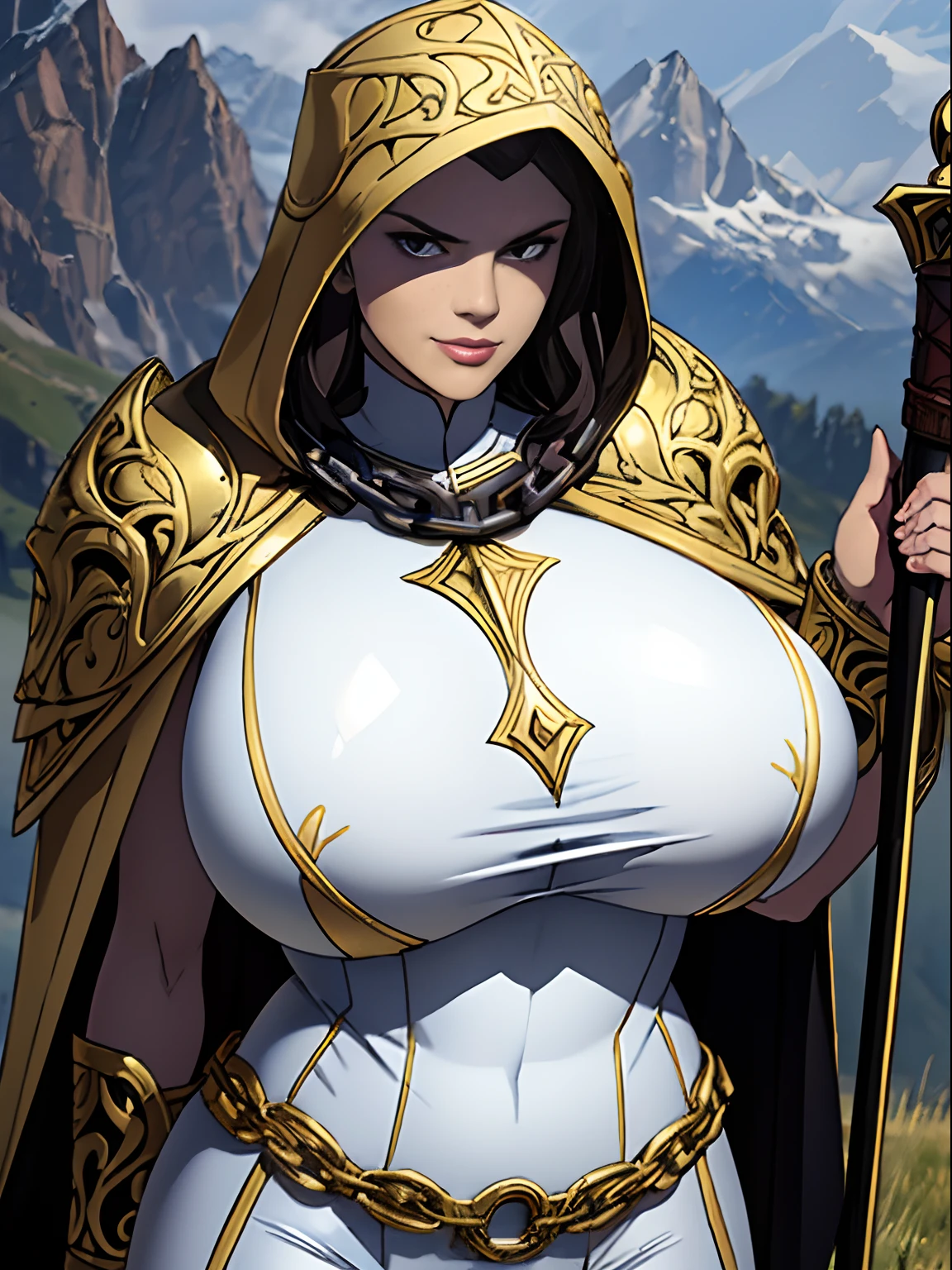 (masterpiece, top quality, best quality, official art, beautiful and aesthetic:1.2), (1girl:1.3), light freckles, fair skin, extremely detailed, portrait, looking at viewer, solo, (full body:0.6), detailed background, close up, (warm grasslands theme:1.1), holy paladin knight, charlatan, smirk, mysterious, swaying in mountains, modest attire, ((((ornate white and gold armor)))), cowl, nun hood, wimple, boob armor, cowl, robe, chain mail, chainmail, leggings, chainmail leggings, chain mail leggings, (breastplate), tabard, gorget, hood, pauldrons, greaves, armored, long boots, longsword, shield, cape, cloak, pearlescent metal, white fabric, pale leather, ((((gigantic breasts)))), slim waist, slim hips, long legs, medieval (mountain exterior:1.1) background, dark mysterious lighting, shadows, magical atmosphere, dutch angle,