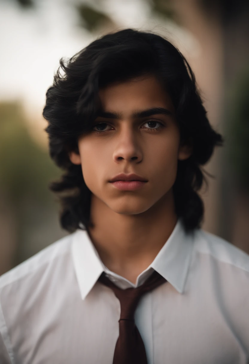 A mexican age boy with a long black mullet haircut, ((big lips)), and ((slanted eyes)), almond-shaped eyes, big lips, white dress shirt, long eyelashes, latin teen