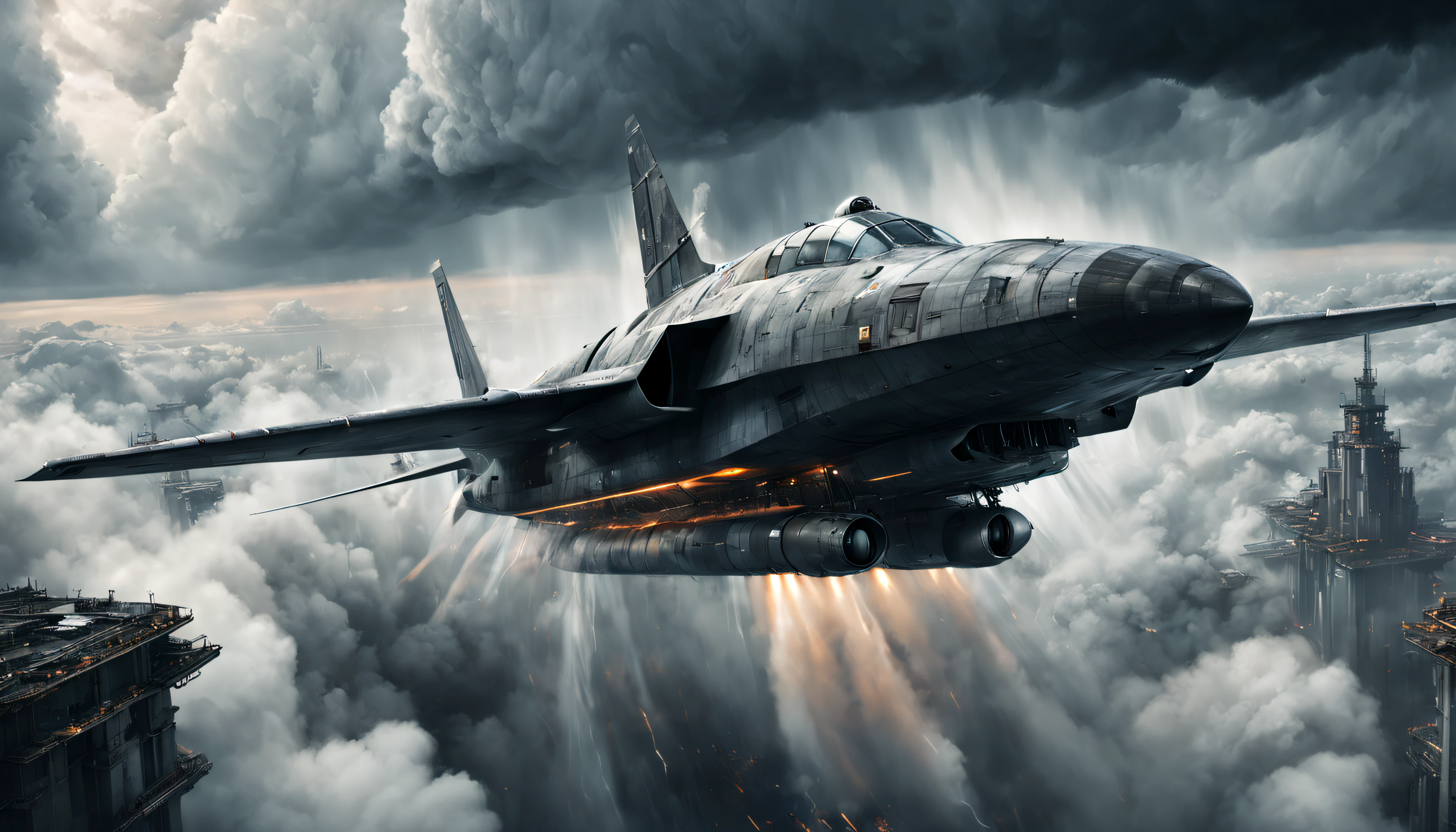 A massive, sci-fi long square shaped warship gliding through the clouds and rain, its 20 powerful jet engines propelling it forward with a futuristic grace, A breathtaking view from bottom-right, a futuristic warship with 20 jet engines, jet engines similar to drone, futuristic war in top of sky, heavily raining, daylight, fire and smoke, thunder flashing, apocalyptic, long body, smoke coming out of propeller, highly detailed, grungy, rusty texture