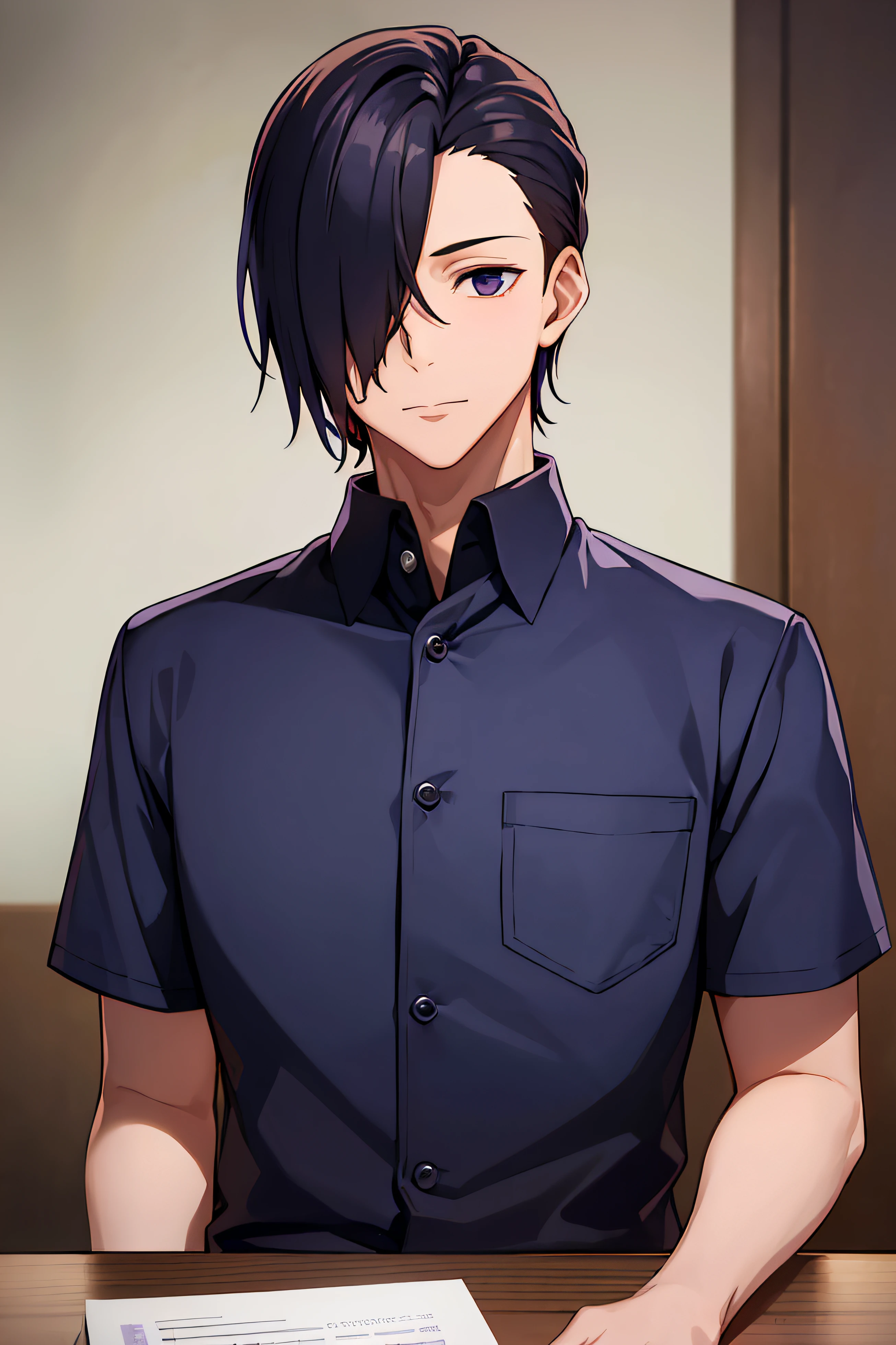 masterpiece, best quality, high quality, 1boy, solo, male focus,deep violet eyes, bang covering left eye, dark blue hair, looking at viewer, wearing japanese high school uniform, upper body, leaning on a table, Ishigami_Yuu