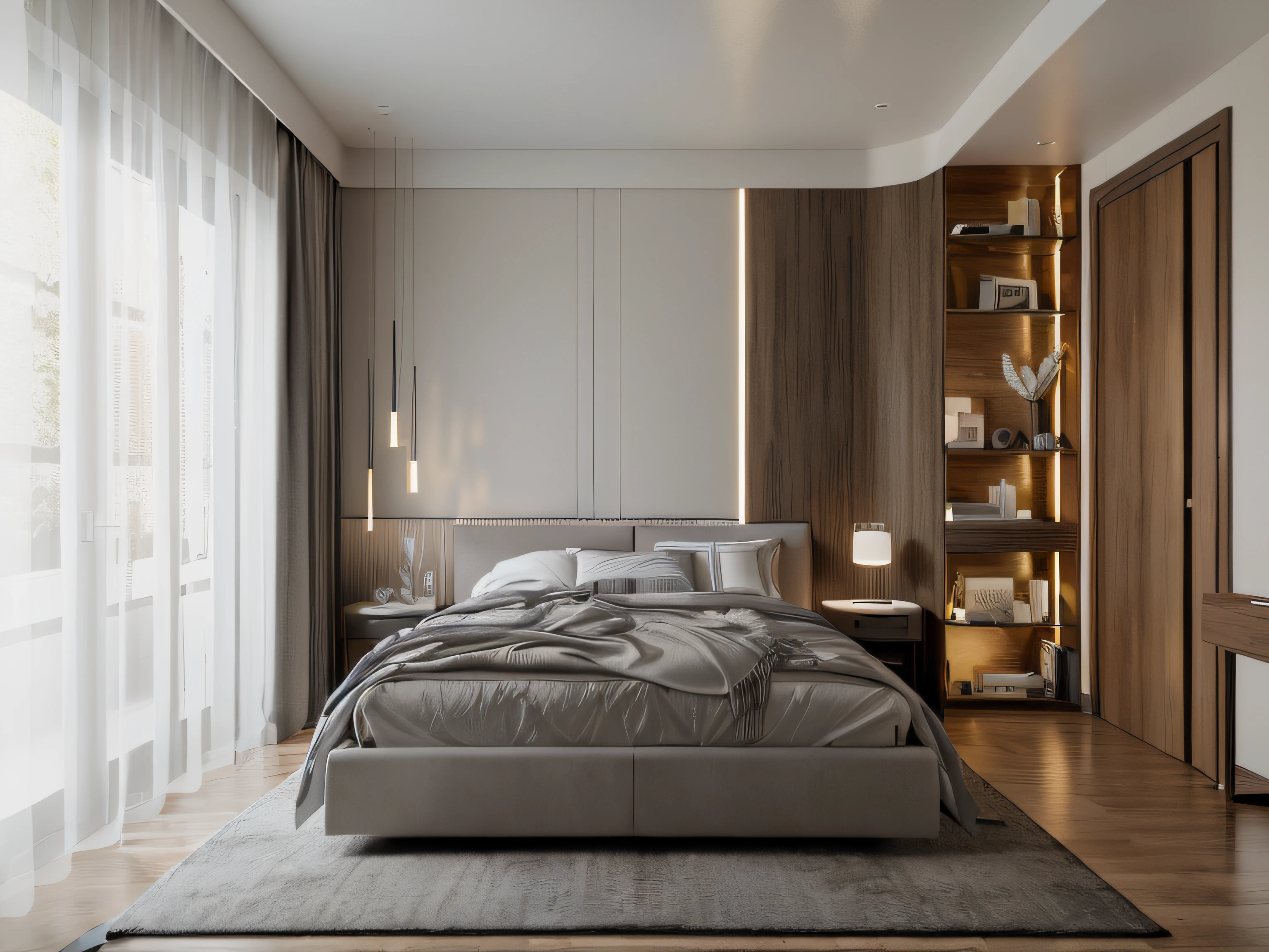 there is a bed with a gray comforter and a wooden headboard, vray 8k render, bed room, rendered in vray, 8k vray render, render in vray, high-quality render, vray rendered, high quality 3d render, high quality 3 d render, rendered in lumion pro, rendered in corona