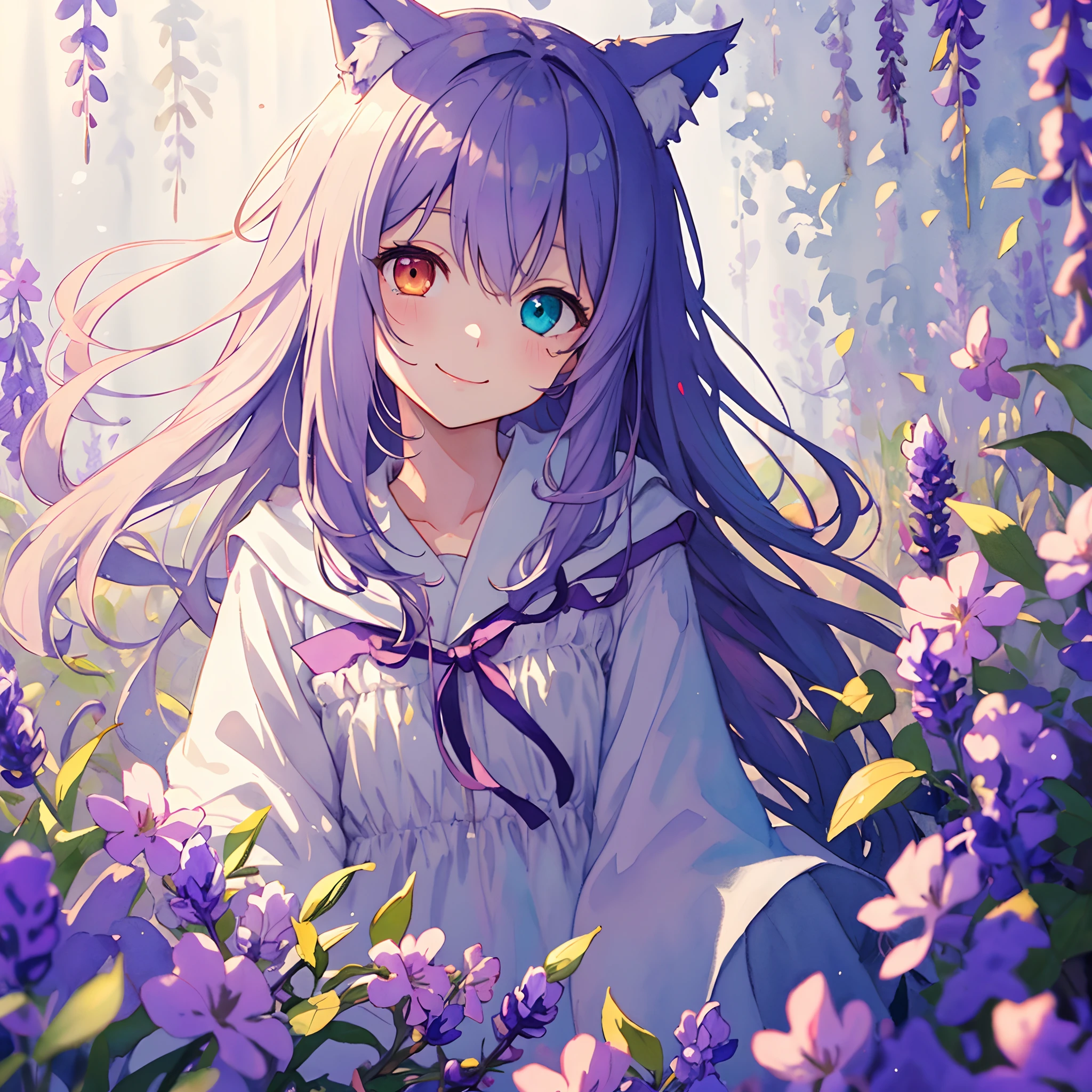 ((solo young catgirl)), lavender hair, nekomimi, simple plain background, relaxed, innocent smile, flowing hair, flowers, leaves, white light clothing, masterpiece, heterochromia, polychromia, (light background), (pastel colors), (muted colors), glow, soft, in the style of a watercolor painting, head tilt, perfect front illumination, depth of field