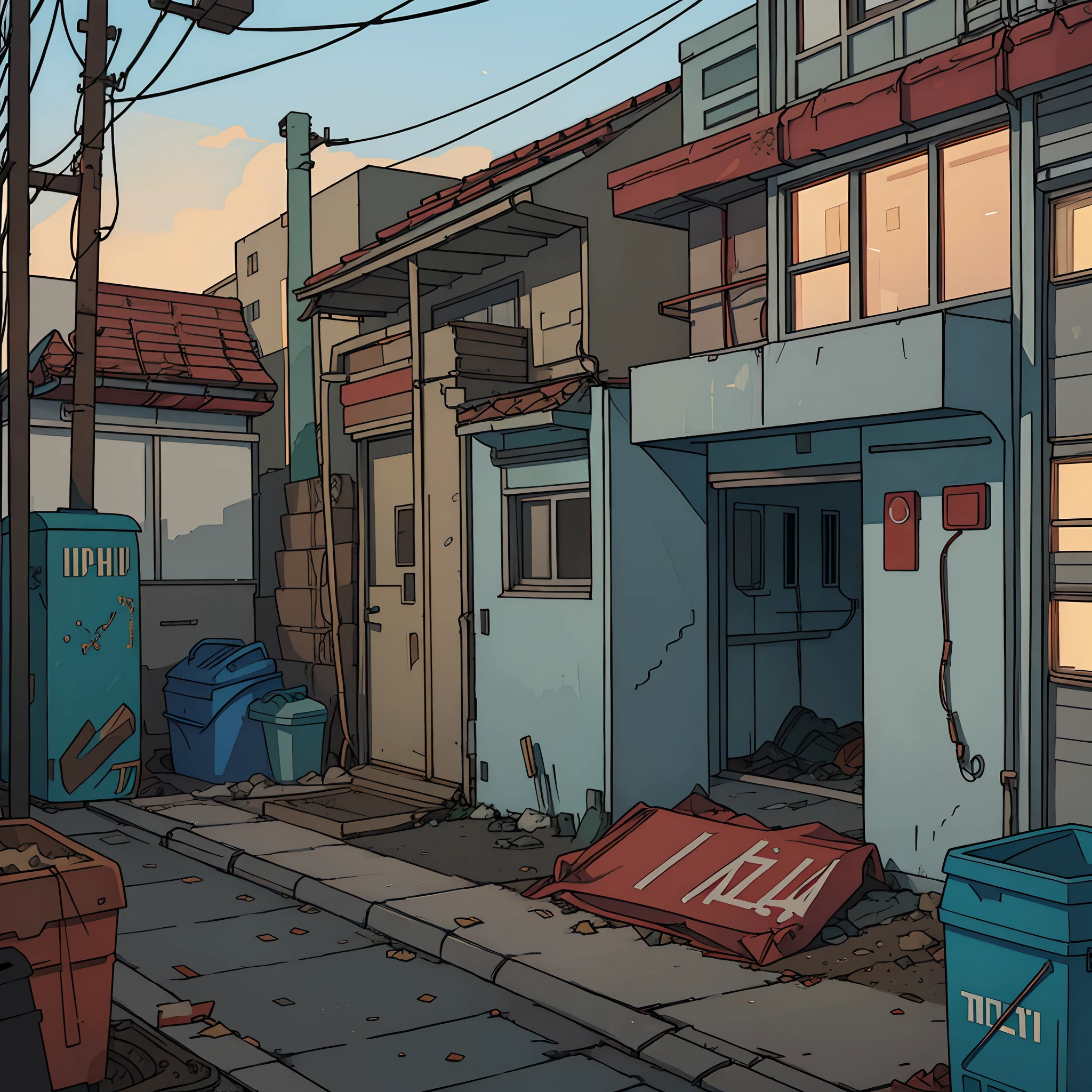 Perfect Anime Empty Street Illustration, Soviet garages, Russia, dirty, cheaply, A lot of garbage, Closed garages, rusty garages, No cars, Deserted, garbage, Ultra-fine detail, Accent lighting, dim lights, Soviet city in the background, Five-storey panel Soviet houses, Lack of cars, Lack of people