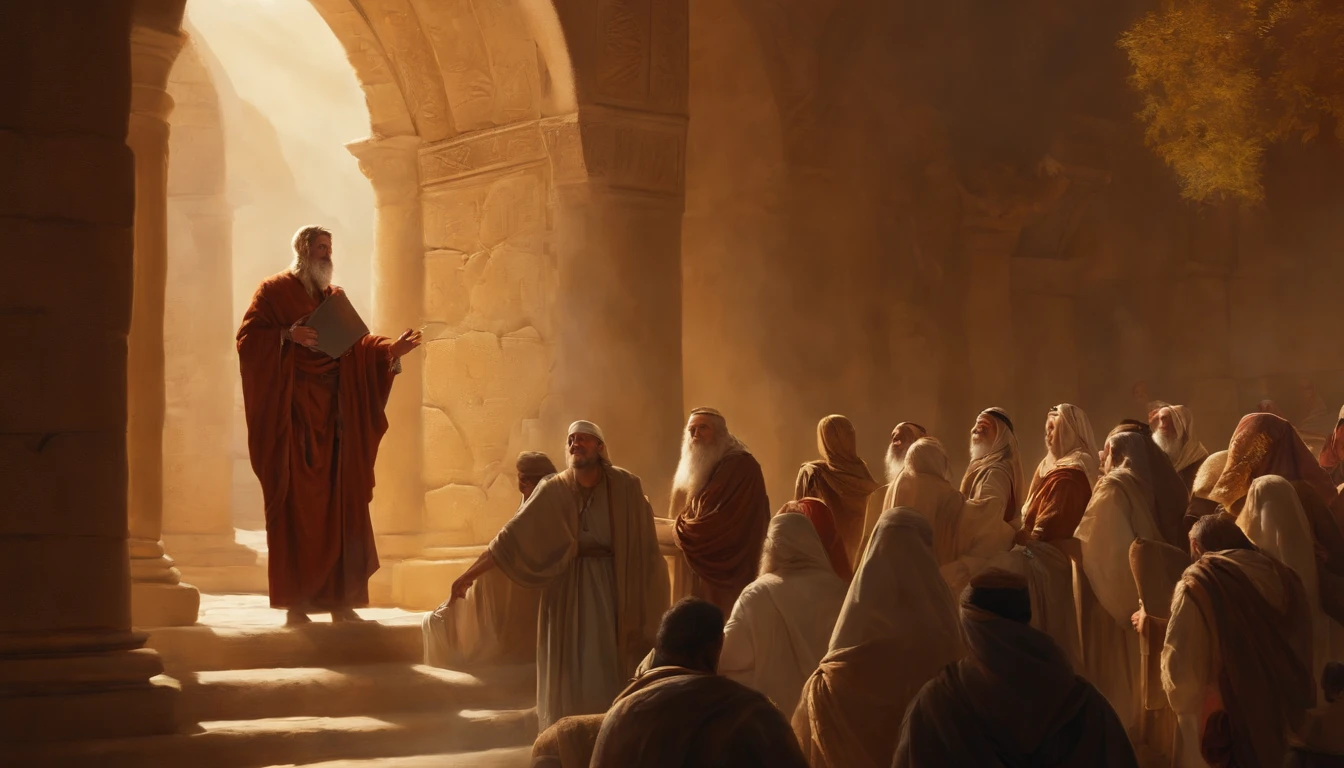 Jeremiah calls the Israelites to repentance, The Cry of the Prophet,Gatherings with large numbers of people, papyrus,Weathered parchment,Old gowns,,History reference,High-quality artwork and details,Realistic portrait style,Subtle color palette,vibrant background,natural textures,Deep Shadows,Subtle highlights,Historical accuracy,meticulous attention to detail,Emotional depth and intensity,Authentic Representation,Thought-provoking,Spiritual atmosphere,A Sense of Ancient Wisdom,Profound impact