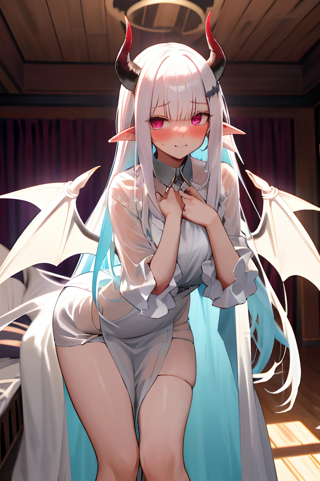 One girl with long hair, white hair, looking at viewer, embarrassed, blushing, indoor , oversized naked night gown, thigh, pointy ears, demon wings, demon king, demon horn, standing, sexy pose, perfect body, perfect waist