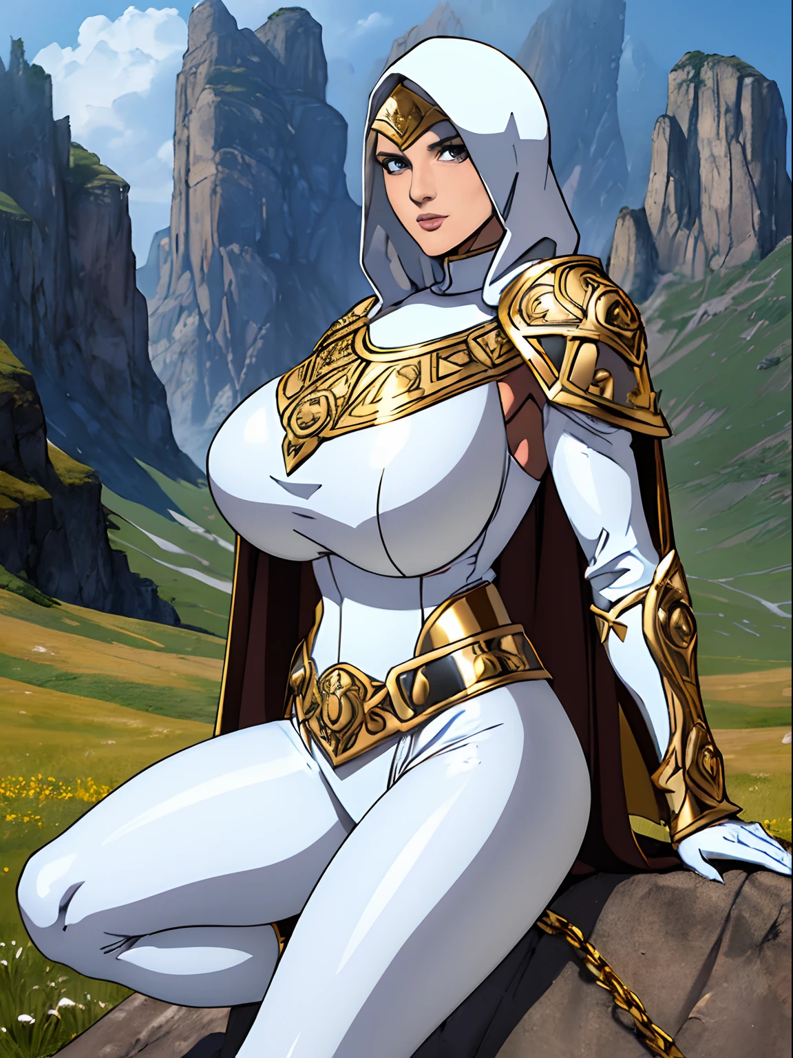 (masterpiece, top quality, best quality, official art, beautiful and aesthetic:1.2), (1girl:1.3), light freckles, fair skin, extremely detailed, portrait, looking at viewer, solo, (full body:0.6), detailed background, close up, (warm grasslands theme:1.1), holy paladin knight, charlatan, smirk, mysterious, swaying in mountains, modest attire, ((((ornate white and gold metal plate armor)))), cowl, nun hood, wimple, boob armor, cowl, robe, chain mail, chainmail, leggings, chainmail leggings, chain mail leggings, (armored breastplate), tabard, gorget, hood, pauldrons, greaves, armored, long boots, longsword, shield, cape, cloak, pearlescent metal, white fabric, pale leather, ((((gigantic breasts)))), slim waist, slim hips, long legs, medieval (mountain exterior:1.1) background, dark mysterious lighting, shadows, magical atmosphere, dutch angle,