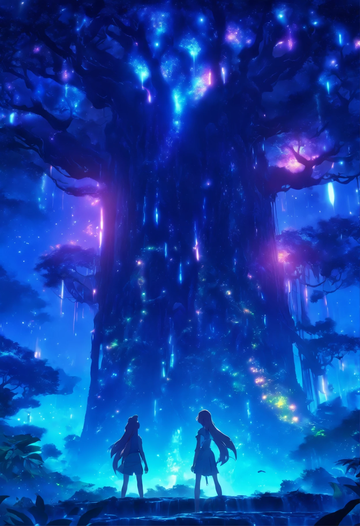 Cinematic lighting, outside, Ultra HD, Masterpiece, Anatomically correct, Super detailed, Textured skin, Best quality, 8K, high resolution
(2 lovely Na'vi kids, Tucker and Keeley, Have fun in the forests of the planet Pandora) (Tucker and Keeley: 1.5), (The tree of the soul of the Na'vi: 1.0), Na'vi premises.
(Majestic, Tall buildings), Full of life, Dense trees, stars, Enigmatic Atmosphere, exotic plants, Majestic, Tall, Brightly colored, Active, Elemental Night, Quiet, Mystic film material, Fantasticism, Sci-fi