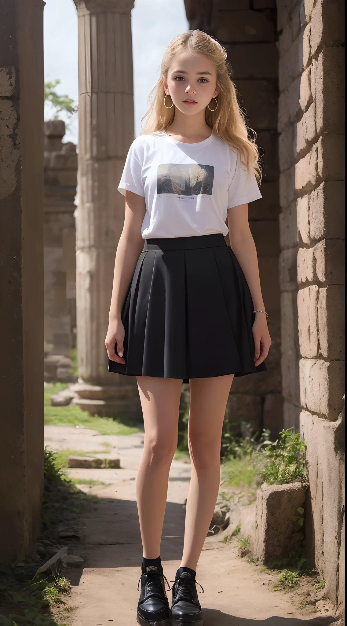 ((Pre-teen)), beautiful girl, model body, freckles on her face, (green eyes), small breasts, big earrings, t-shirt, skirt with black tights, cloth shoes, full body, headshot short, very white skin, very long hair, wavy hair, blonde hair, ancient ruins, photorealistic, Indirect lighting, volumetric light, ray tracing, hyper-detailed, best quality, ultra-high resolution, HDR, 8k