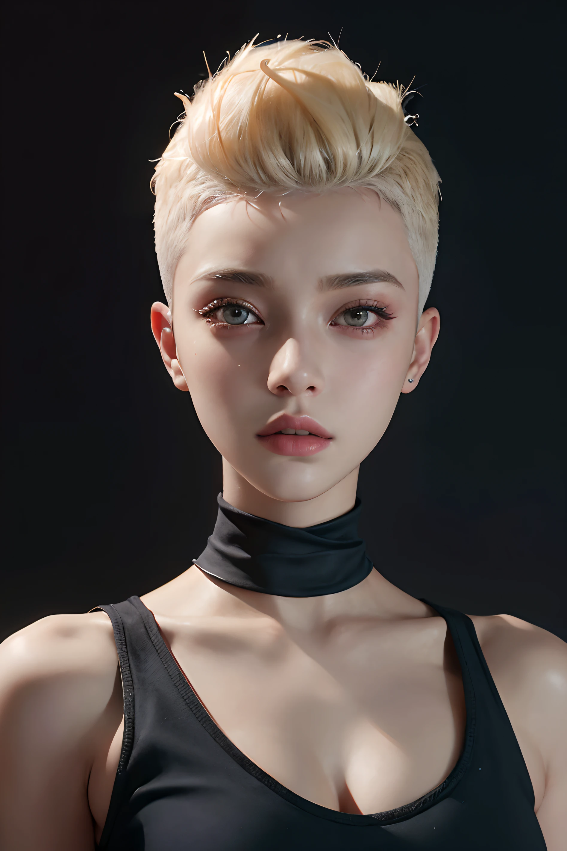 a 20 yo woman, blonde, (hi-top fade:1.3), dark theme, soothing tones, muted colors, high contrast, (natural skin texture, hyperrealism, soft light, sharp)