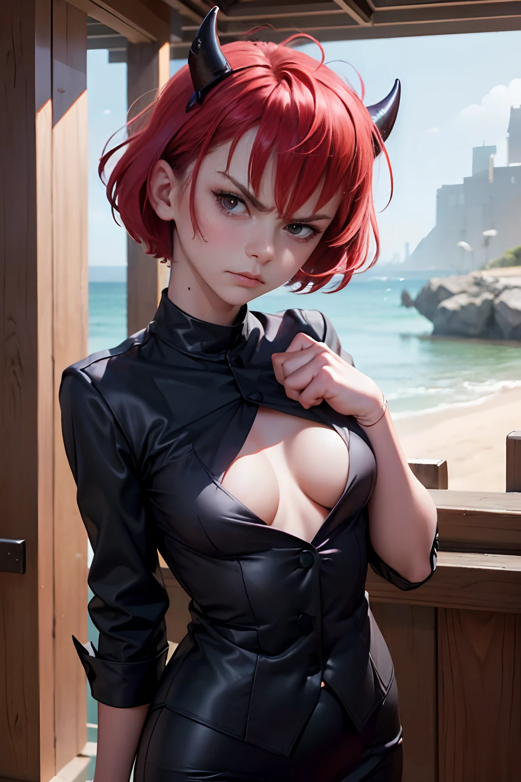 un traje de (enfermera el color sea rojo con negro) and she is angry that hand has them extended to the camera the eyes and the face comes out well formed the hands and fingers Also well formed has horns her eyes are red ( fingers and hand had formed well)