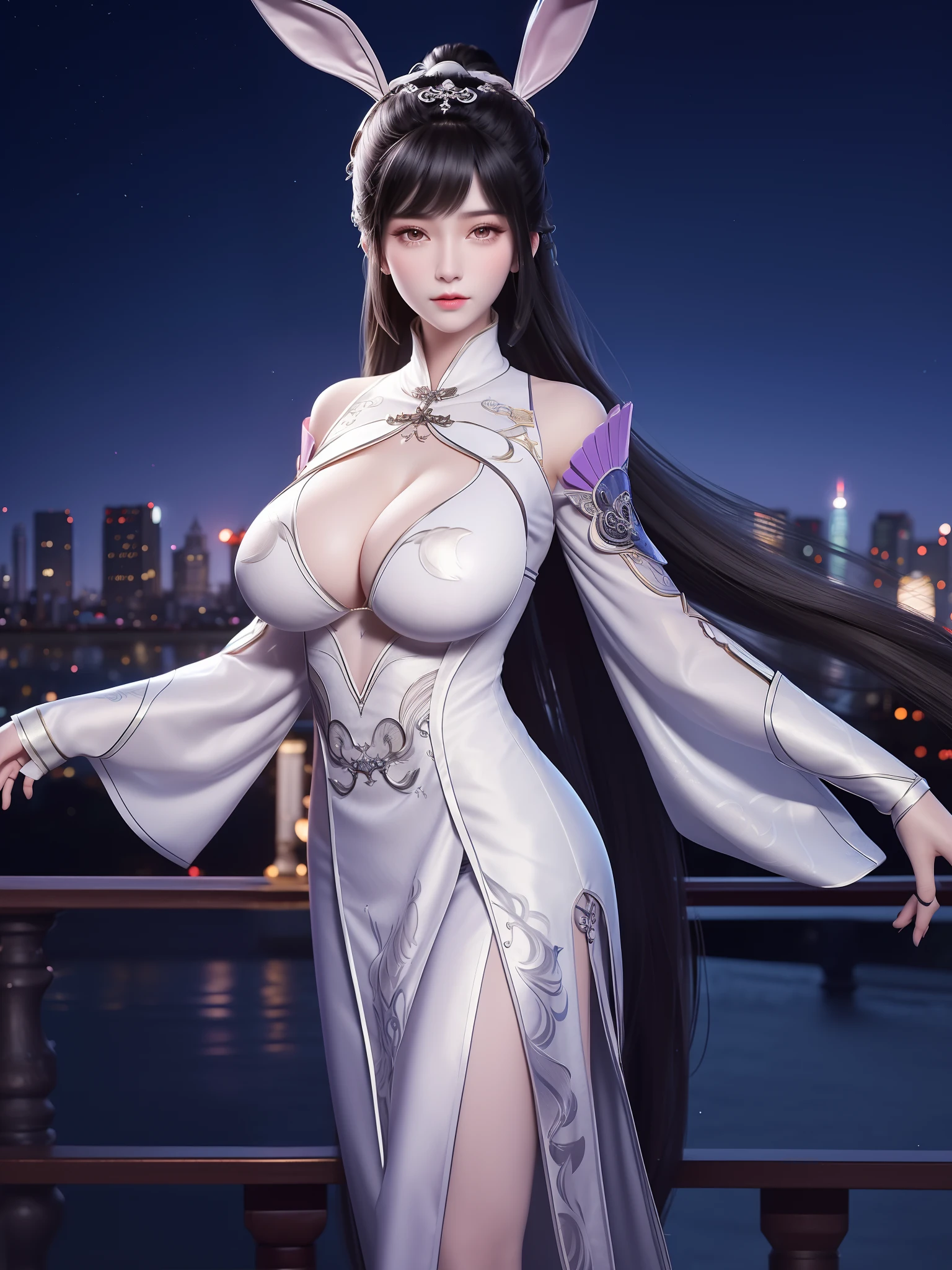 1girl,rabbit ears,long dress,long hair, hair ornament, ponytail, collar,metal collar,shiny,cityscape, night, looking at viewer, mature female,Master quality, highest quality, best picture quality, exaggerated details, goddess moonlight 9 asian little gth a shy expression,a close up , teen girl wither nice boobs(long hair / very, very exaggerated big breasts and tight, round breasts) , posing in front of the camera, having , wet breast under wear, wet breast hanfu open v chest clothes, full body xianxia, thin silk fabric wet body, thin silk fabric lace petticoat, she