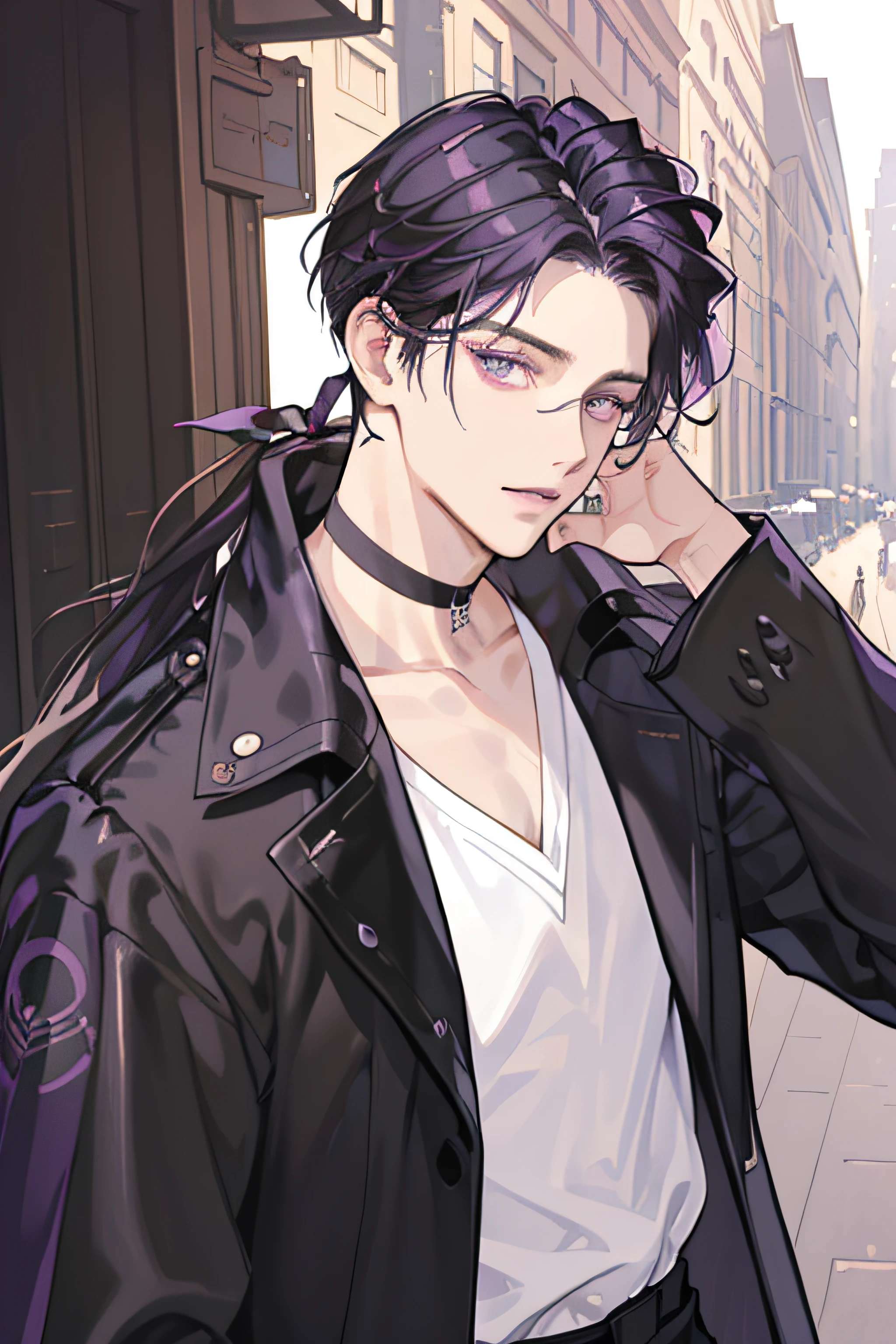 Masterpiece,Exquisite facial details,Exquisite eye details, Best quality, ,1 man, Headsets,singers,cool guy,Medium-long black hair,dashing,choker,Purple pick dye,comma hair,Purple eye,Forehead comma hair,White shirt,Black leather coat,Street style,Shiny,looking at viewert,full bodyesbian