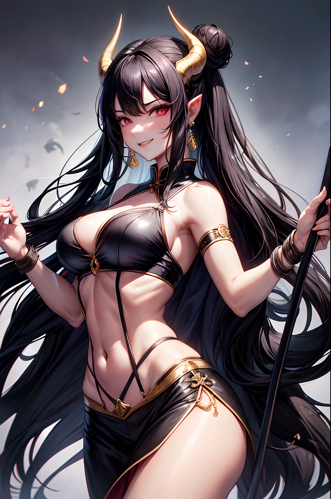 Solo. 1-woman. A busty mature woman with long black hair in a bun. She is perverted and sadistic. She is a demon, with one pair of horns on her head. Her Chinese-style clothes are quite revealing and erotic. She likes to torture people. Carrying a whip. The woman was big-breasted. She was dangerous. She grinned lasciviously, staring at viewers.