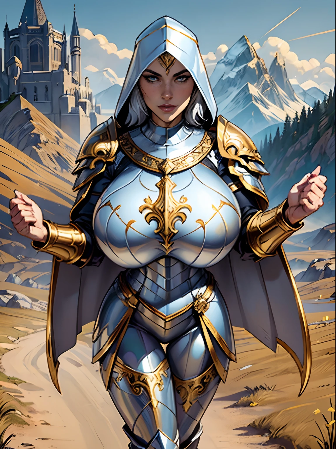 (masterpiece, top quality, best quality, official art, beautiful and aesthetic:1.2), (1girl:1.3), light freckles, fair skin, extremely detailed, portrait, looking at viewer, solo, (full body:0.6), detailed background, close up, (warm grasslands theme:1.1), holy paladin knight, charlatan, smirk, mysterious, swaying in mountains, modest attire, ornate white and gold armor, cowl, nun hood, wimple, boob armor, cowl, robe, chain mail, chainmail, leggings, chainmail leggings, chain mail leggings, breastplate, tabard, gorget, hood, pauldrons, greaves, armored, long boots, longsword, shield, cape, cloak, white fabric, pale leather, ((((gigantic breasts)))), slim waist, slim hips, long legs, medieval (mountain exterior:1.1) background, dark mysterious lighting, shadows, magical atmosphere, dutch angle,