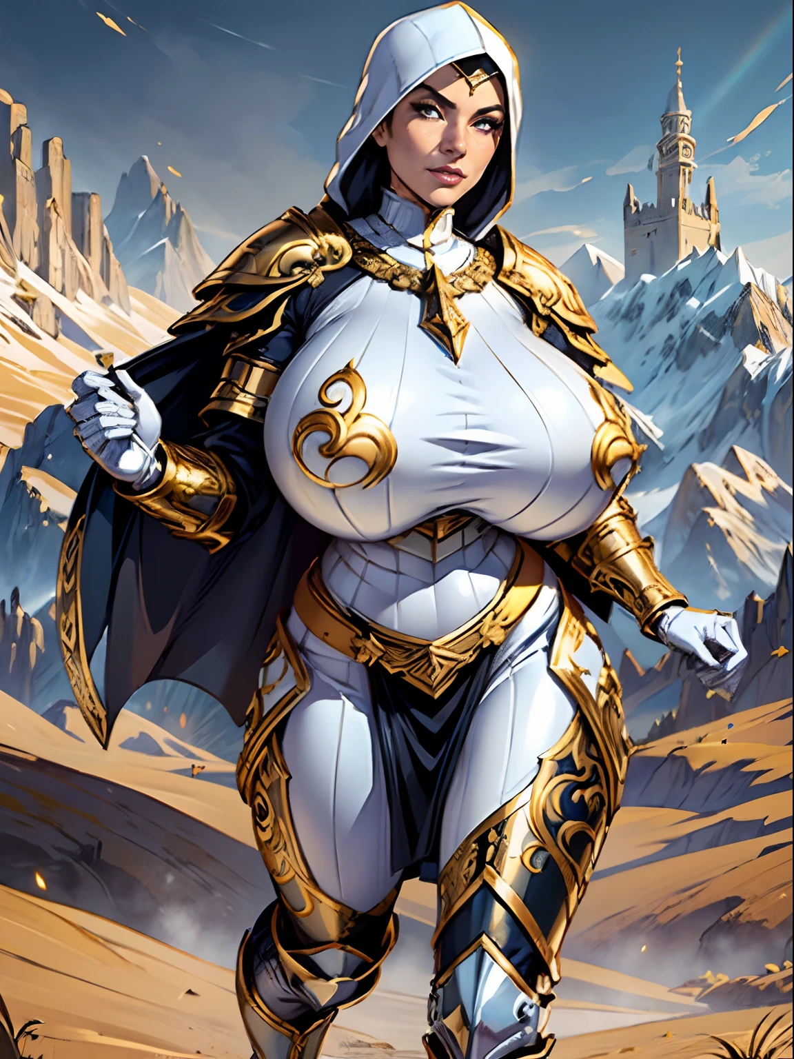 (masterpiece, top quality, best quality, official art, beautiful and aesthetic:1.2), (1girl:1.3), light freckles, fair skin, extremely detailed, portrait, looking at viewer, solo, (full body:0.6), detailed background, close up, (warm grasslands theme:1.1), holy paladin knight, charlatan, smirk, mysterious, swaying in mountains, modest attire, ((((ornate white and gold metal plate armor)))), cowl, nun hood, wimple, boob armor, cowl, robe, chain mail, chainmail, leggings, chainmail leggings, chain mail leggings, (armored breastplate), tabard, gorget, hood, pauldrons, greaves, armored, long boots, longsword, shield, cape, cloak, pearlescent metal, white fabric, pale leather, ((((gigantic breasts)))), slim waist, slim hips, long legs, medieval (mountain exterior:1.1) background, dark mysterious lighting, shadows, magical atmosphere, dutch angle,