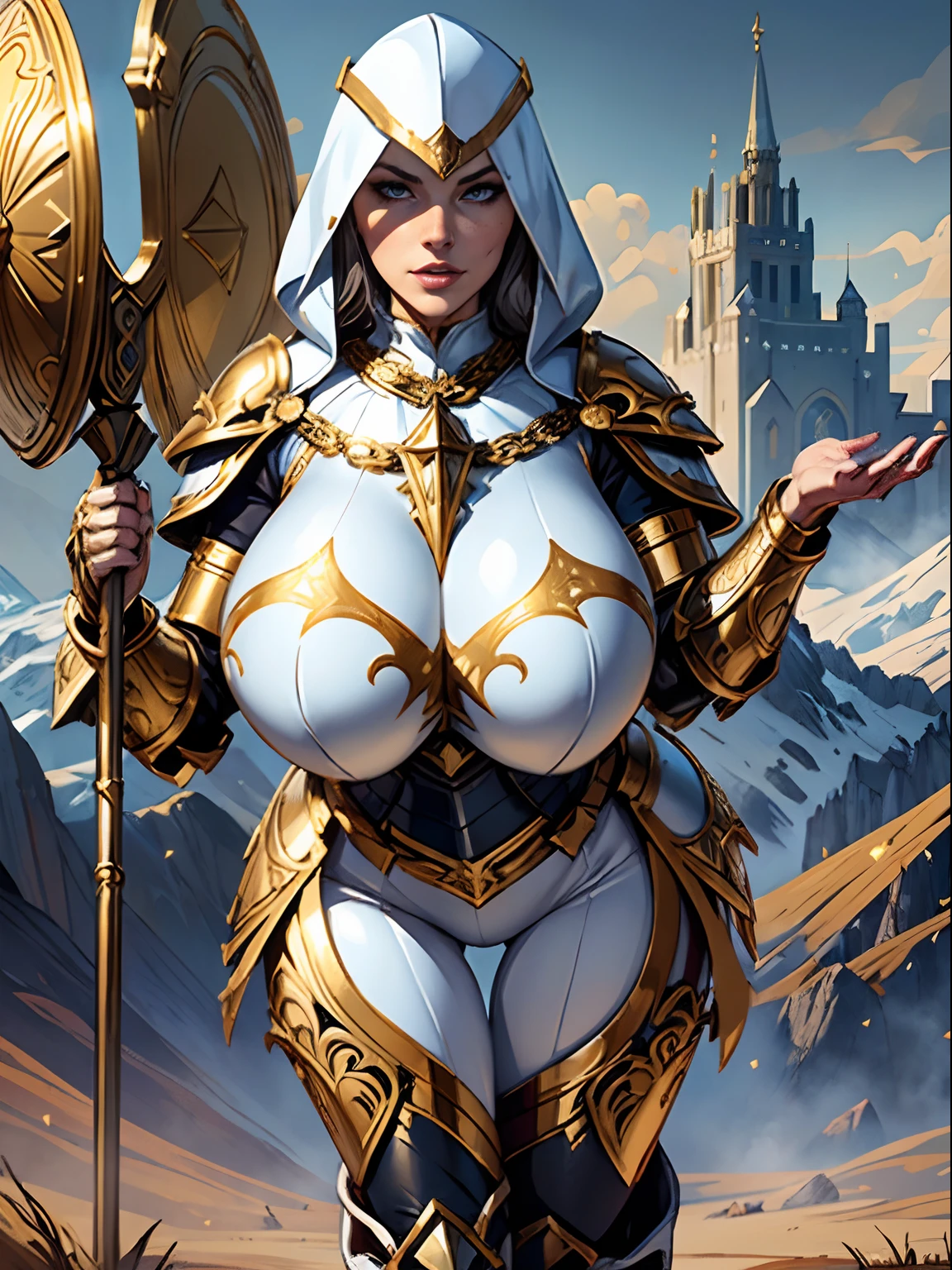 (masterpiece, top quality, best quality, official art, beautiful and aesthetic:1.2), (1girl:1.3), light freckles, fair skin, extremely detailed, portrait, looking at viewer, solo, (full body:0.6), detailed background, close up, (warm grasslands theme:1.1), holy paladin knight, charlatan, smirk, mysterious, swaying in mountains, modest attire, ((((ornate white and gold metal plate armor)))), cowl, nun hood, wimple, boob armor, cowl, robe, chain mail, chainmail, leggings, chainmail leggings, chain mail leggings, (armored breastplate), tabard, gorget, hood, pauldrons, greaves, armored, long boots, longsword, shield, cape, cloak, pearlescent metal, white fabric, pale leather, ((((gigantic breasts)))), slim waist, slim hips, long legs, medieval (mountain exterior:1.1) background, dark mysterious lighting, shadows, magical atmosphere, dutch angle,