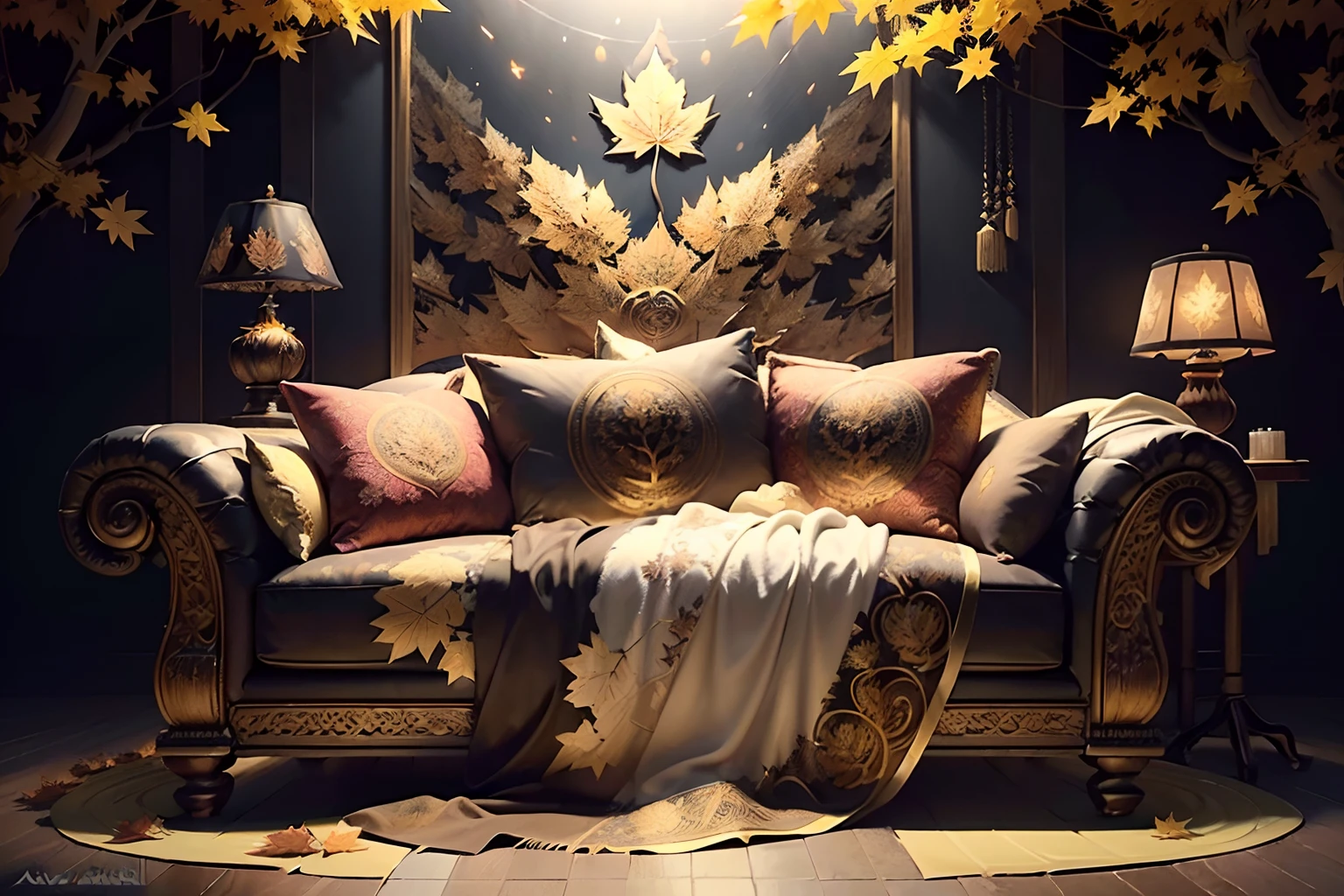 (oil paint of stunningly detailed beauty maple leaves tree illustration:1.3), (grace:1.1), fire back, majestic neo baroque, majestic awe wildlife, alternative darkest fantasy flow glowing of a hazy moon night, awe various stars sky, stone block road, lots neuron flower, river with waterfall and tree, beautiful detail glow, high contrast, digital coloring, (intricate detail texture:1.3), (intricate insane details:1.2), neo baroque style, glowing cat eyes, (ultra real). (true masterpiece:1.1), sharp render, (intricate detail lighting of be whirled up maple leaves:1.4),