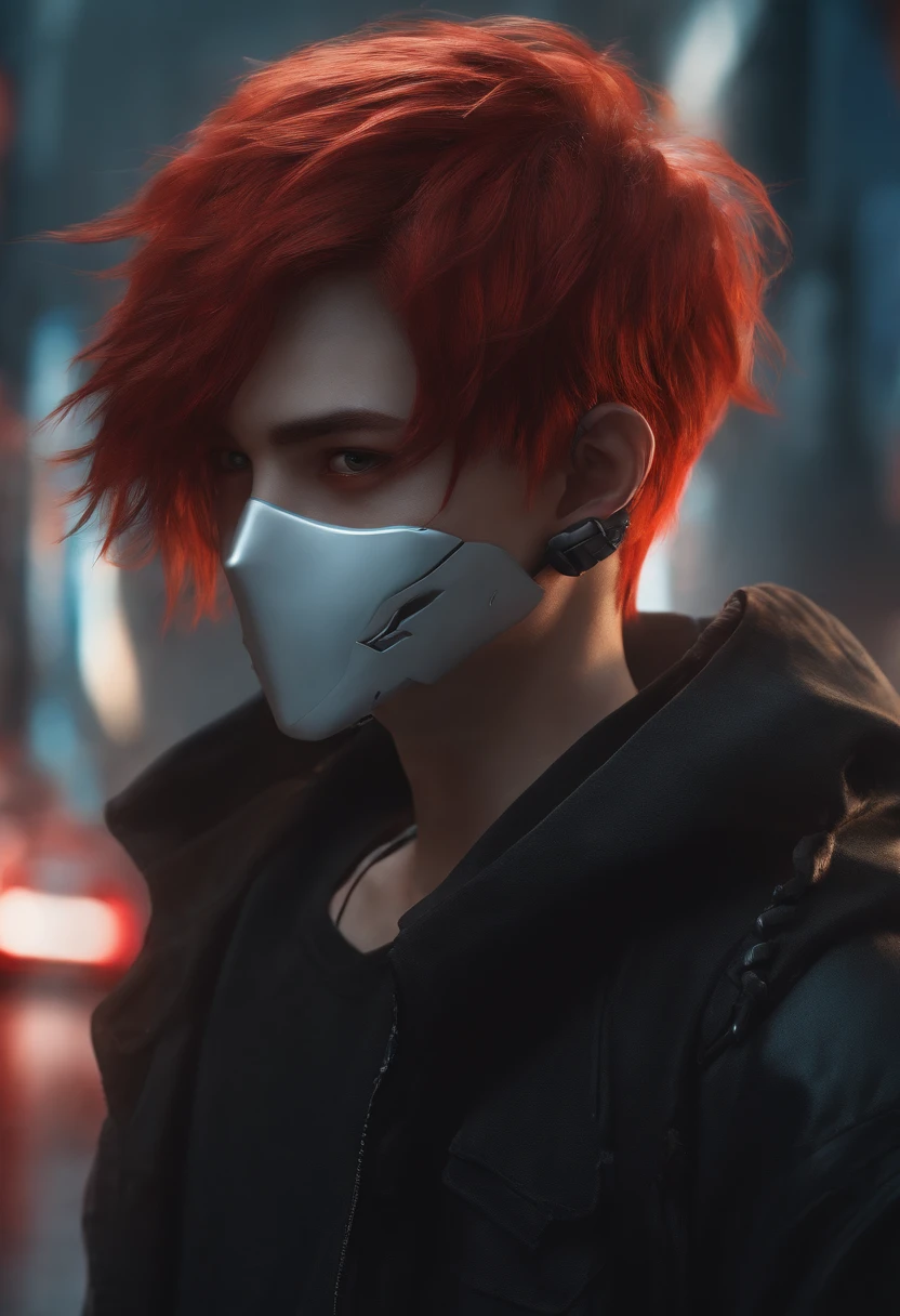 Ghost Mask has a boy wearing a black hoodie,Knife in hand, hyper-realistic cyberpunk style,Digital Cyberpunk Anime Style,Red hair Short hair