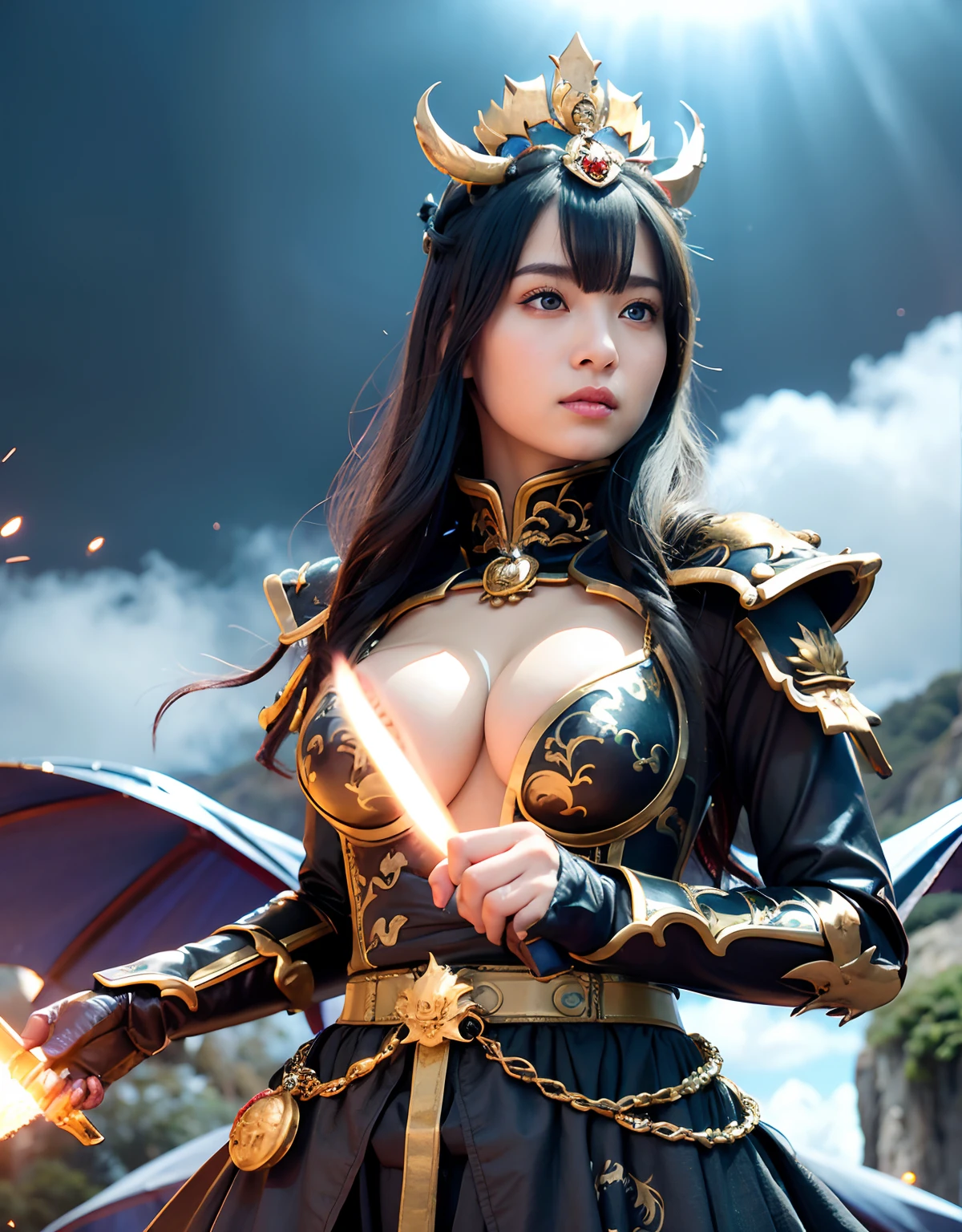 Professional , masterpiece、top-quality、photos realistic , 、top-quality、超A high resolution、(Photorealsitic:1.4)、Raw photo、depth of fields (Gemstone Gold Metal Body:1.9),(Matte White、Toostock、(cleavage of the breast)、(Detailed Dragon Armor)、(Have the strongest weapon)、((Random Hairstyles 1.6),Dark Fantasy,)explosions、intense fighting、(Precipitous cliffs),Dragon Gold Weapon,Mystical expression、Particles of light、Fight dragons、(Detailed Dragon Helmet),Gorgeous Silver Weapons ,(( Dragon's dense and gorgeous sword)) , Beautiful knife ,warhammer 40k ,Detail and gorgeous crown、((Blue hair))、(Castle background)、、((Gangle's forest background))、Beautiful Caucasian beauty、1a person、dynamic ungle,(((Detailed and ornate Black Devil Crown)))、Smaller head、A smile、Castle background、Thin and beautiful female hands、cleavage of the breast、Soldier in iron armor on background、Mystical expression、Light Effects、intense fighting、Wind-effect、magic circles、With the legendary magic wand、(demonic wings)、Toostock、
