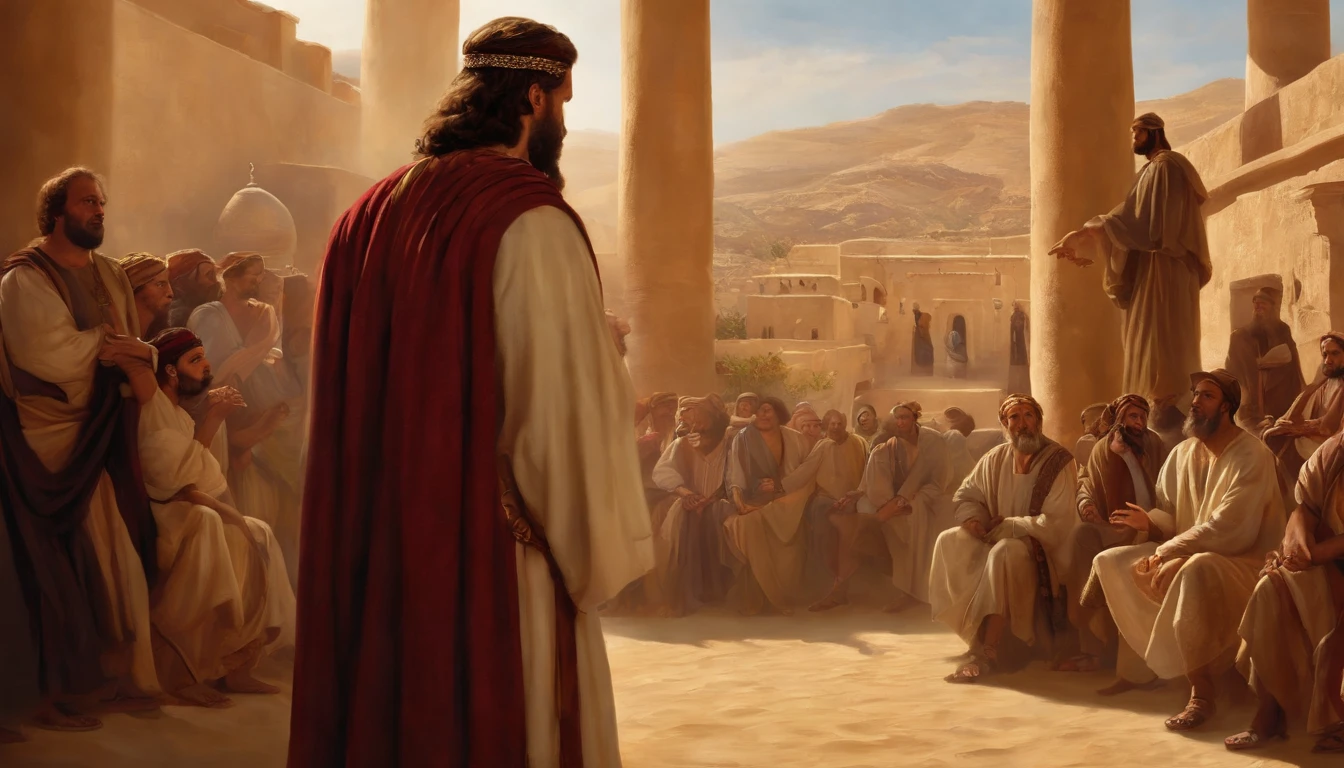 Jeremiah calls the Israelites to repentance, The Cry of the Prophet,Gatherings with large numbers of people, papyrus,Weathered parchment,Old gowns,,History reference,High-quality artwork and details,Realistic portrait style,Subtle color palette,vibrant background,natural textures,Deep Shadows,Subtle highlights,Historical accuracy,meticulous attention to detail,Emotional depth and intensity,Authentic Representation,Thought-provoking,Spiritual atmosphere,A Sense of Ancient Wisdom,Profound impact