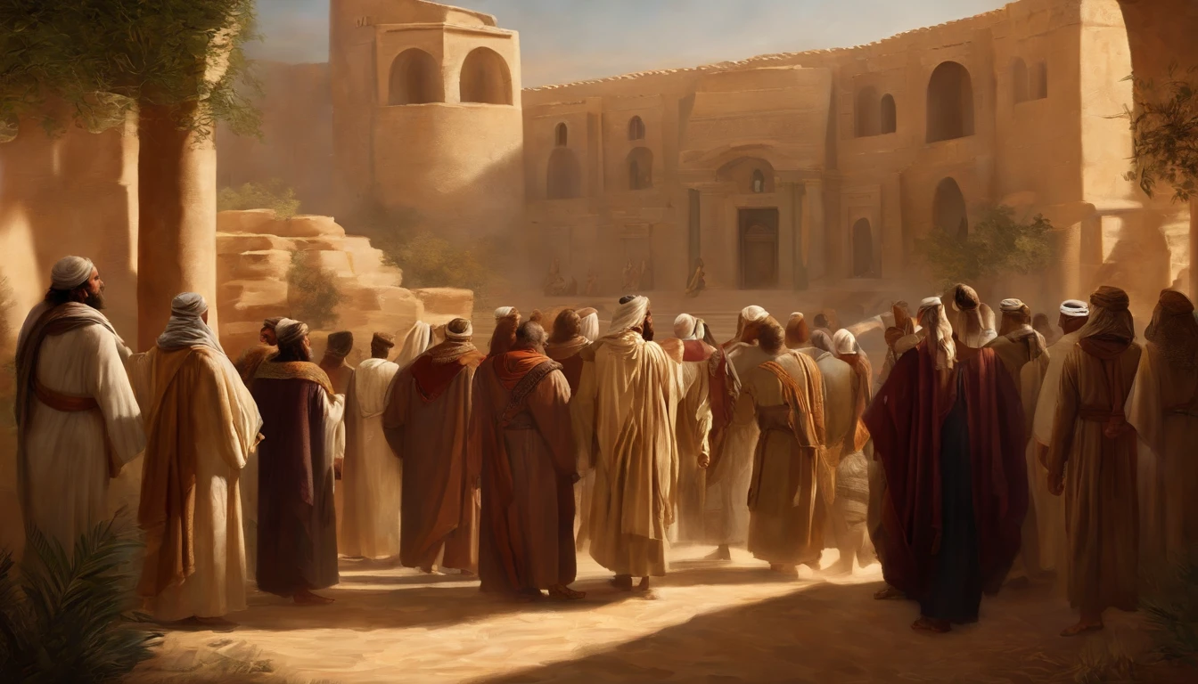 Jeremiah calls the Israelites to repentance, The Cry of the Prophet,Gatherings with large numbers of people, papyrus,Weathered parchment,Old gowns,,History reference,High-quality artwork and details,Realistic portrait style,Subtle color palette,vibrant background,natural textures,Deep Shadows,Subtle highlights,Historical accuracy,meticulous attention to detail,Emotional depth and intensity,Authentic Representation,Thought-provoking,Spiritual atmosphere,A Sense of Ancient Wisdom,Profound impact