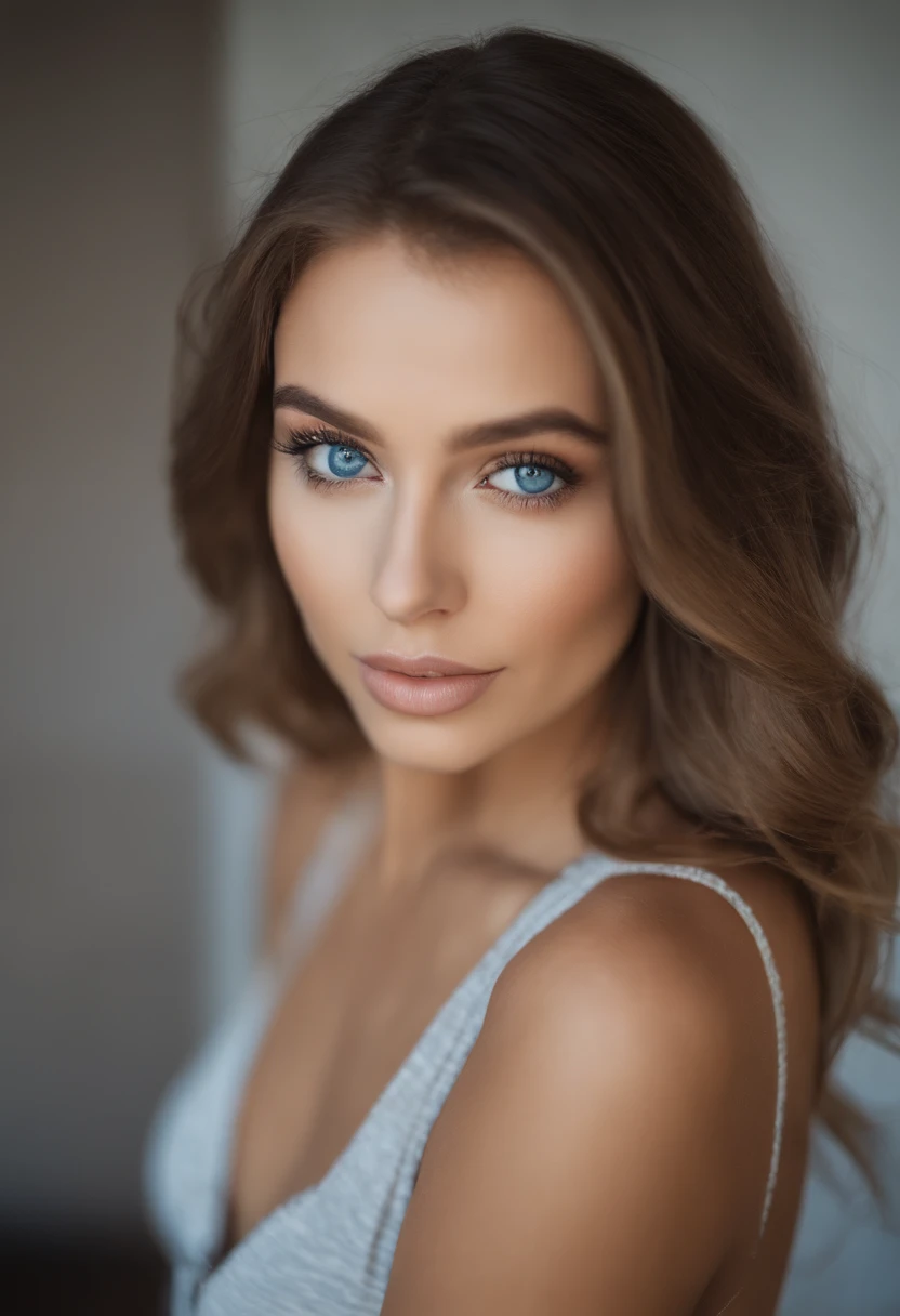 Woman with tank top sexy girl with blue eyes, Portrait Sophie Mudd, Portrait de Corinna Kopf, cheveux blonds et grands yeux, selfie of a young woman, Les yeux dans le club Violet Myers, ohne Maquillage, maquillage naturel, Look directly into the camera, Visage avec Artgram, dezentes Maquillage, Superbe photo du corps entier, dans la chambre, Fission