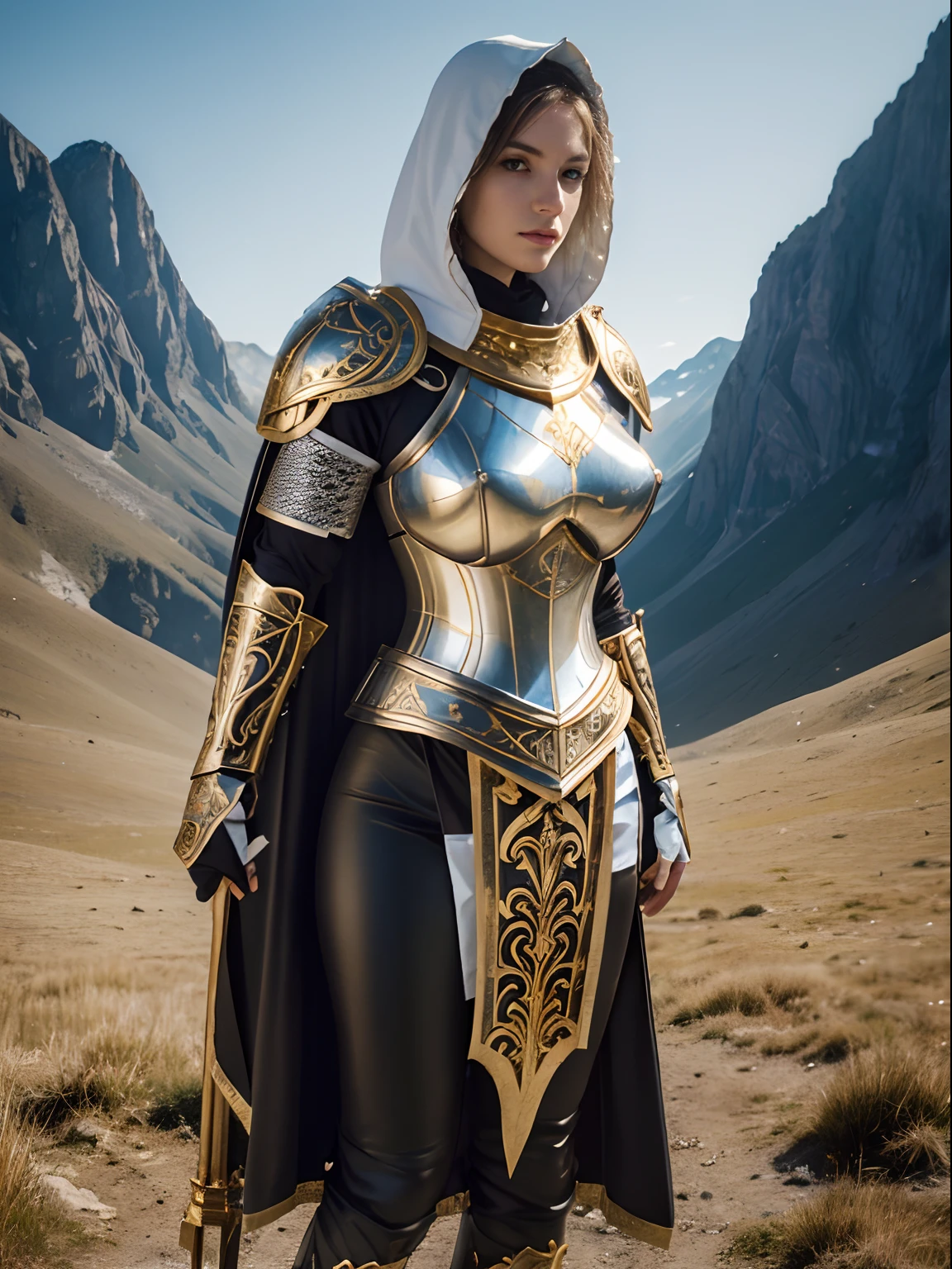 (masterpiece, top quality, best quality, official art, beautiful and aesthetic:1.2), (1girl:1.3), light freckles, fair skin, extremely detailed, portrait, looking at viewer, solo, (full body:0.6), detailed background, close up, (warm grasslands theme:1.1), holy paladin knight, charlatan, smirk, mysterious, swaying in mountains, modest attire, ((((ornate white and gold metal plate armor)))), cowl, nun hood, wimple, boob armor, cowl, robe, chain mail, chainmail, leggings, chainmail leggings, chain mail leggings, (armored breastplate), tabard, gorget, hood, pauldrons, greaves, armored, long boots, longsword, shield, cape, cloak, pearlescent metal, white fabric, pale leather, ((((gigantic breasts)))), slim waist, slim hips, long legs, medieval (mountain exterior:1.1) background, dark mysterious lighting, shadows, magical atmosphere, dutch angle,