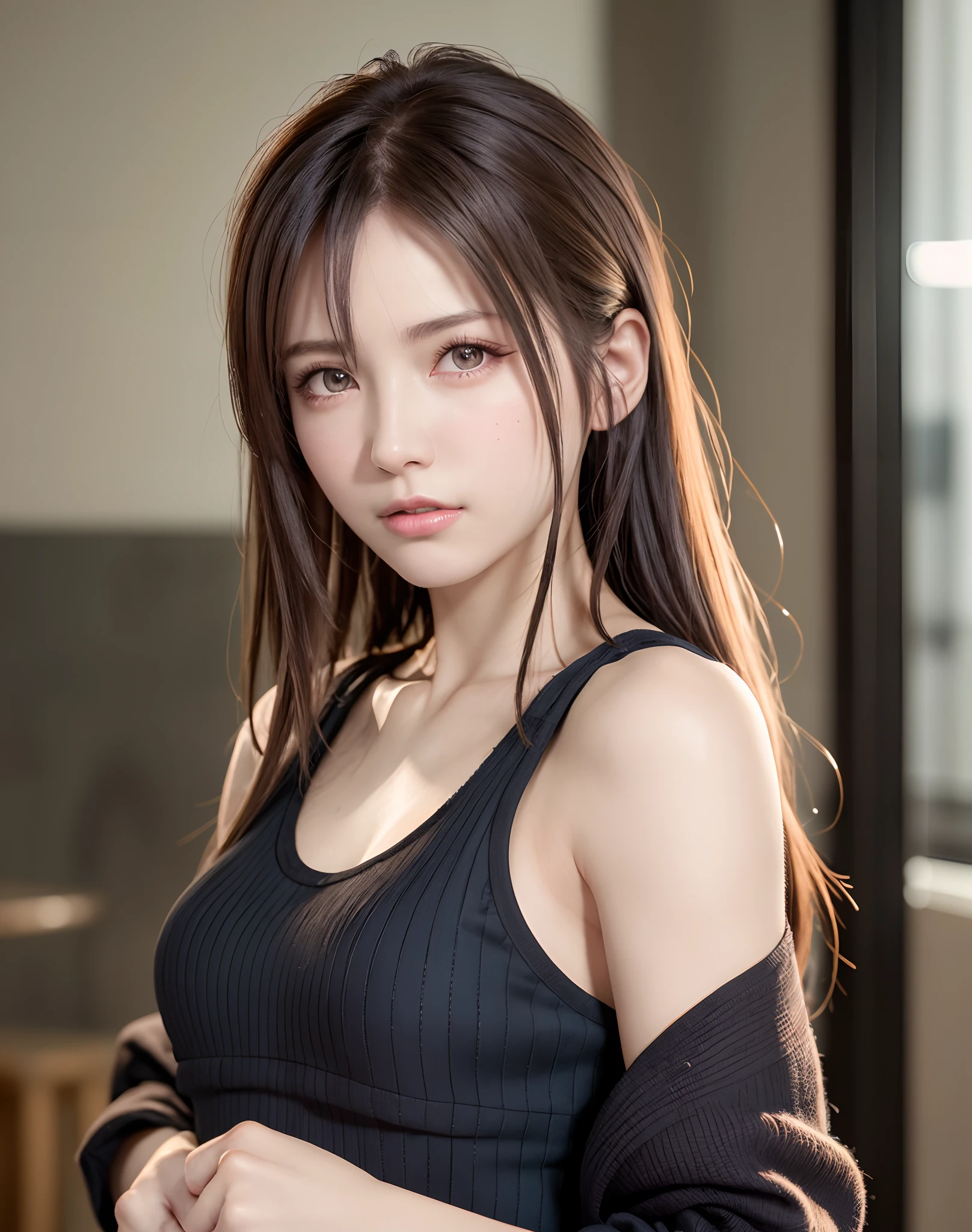 high quality picture, masutepiece, detailed hair texture, Detailed skin texture, Detailed Cloth Texture, 8K, Add fabric details, ultra detailed skin texture, ultra detailed photographic, Skin pores, Portrait of a girl, wearing tank top,