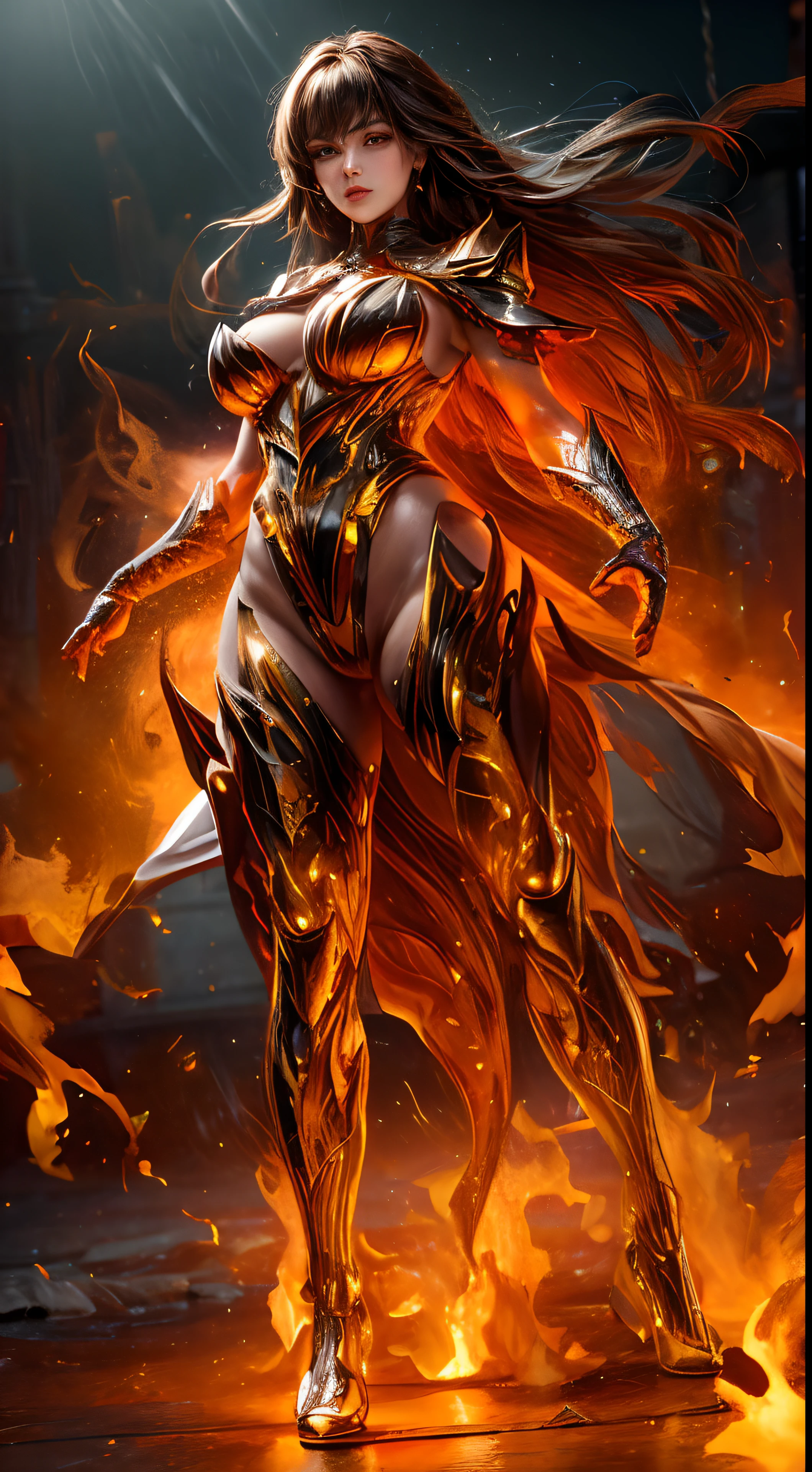This is a realistic fantasy artwork prominently featuring realistic fire, including wisps of flames, glowing hot embers, subtle curls of smoke, and a beautiful fire druid. The druid stands in the midst of a raging inferno with an interesting composition. Her face is expertly sculpted, with elegant and refined features and perfect shading and realistic skin texture. Her (orange and gold eyes) are stunning and are the focal point of this image. (Her eyes extremely detailed, beautiful detailed eyes, and macro). Her eyes feature intricate detailing with clearly defined irises and bright sclera. Her soft lips are smooth and very puffy, and her skin is adorned with a light flush and ornate fire detailing. Her long gown is stunning and expensive, and is made of pure flames and glittering, ornate jewels that glimmer in the fire light. Her billowing gown glitters from the flames and features a delicately and intricately embroidered bodice with wisps of flames running across it. Include fantasy elements like bumps, stones, fiery iridescence, glowing embers, silk, and an interesting background. Include fiery magical creatures such as fiery birds and fiery butterflies that give off a magical and mystical aura. Lighting: Utilize the latest trends in lighting to enhance the artwork's beauty. Camera: Utilize dynamic composition to create a sense of urgency and excitement. Take inspiration from the current masters of the fantasy genre, including trending artists on Artstation and Midjourney. ((masterpiece))